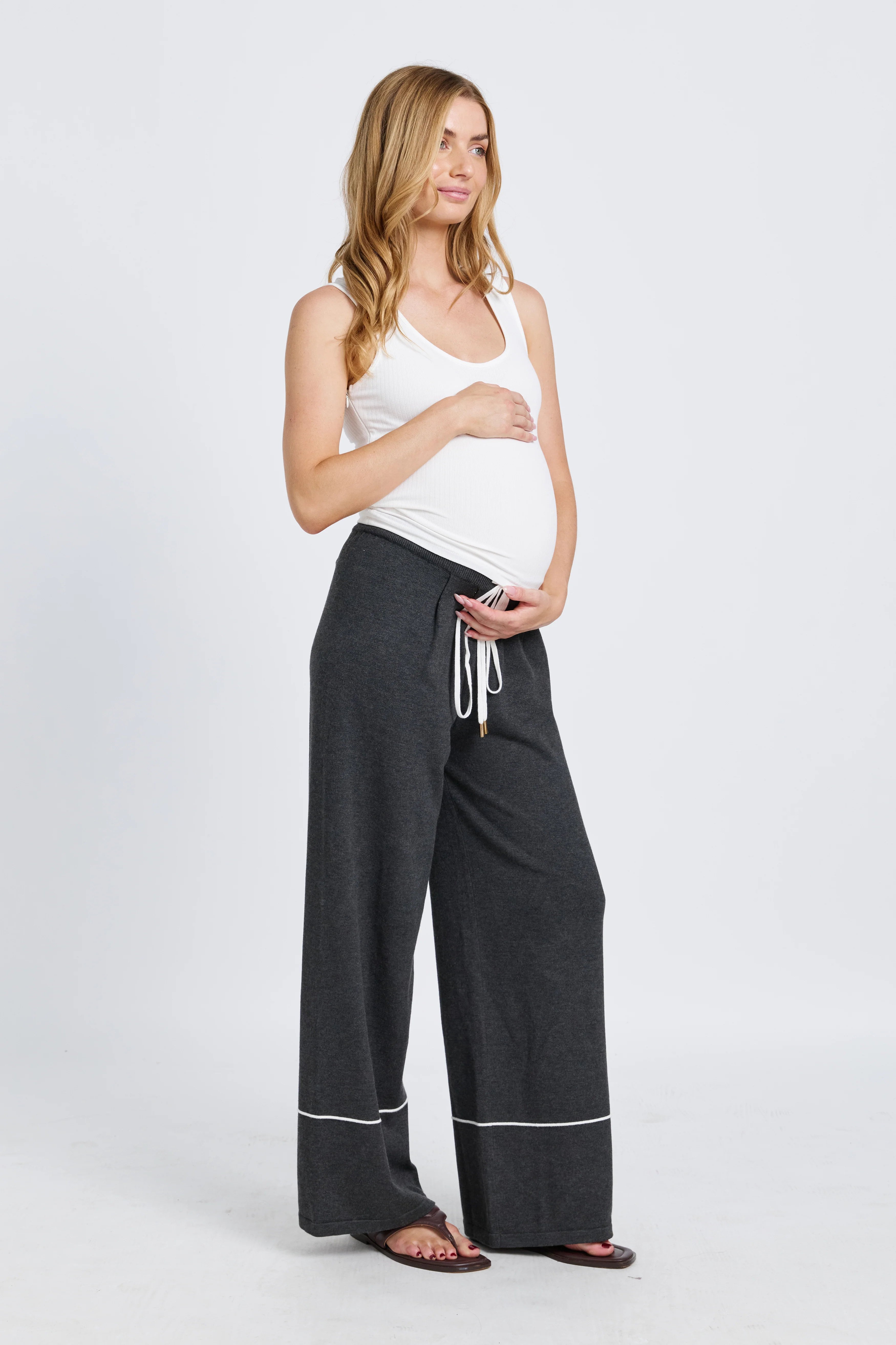 Nina Pleated Knit Pant - Charcoal / White - Image 2