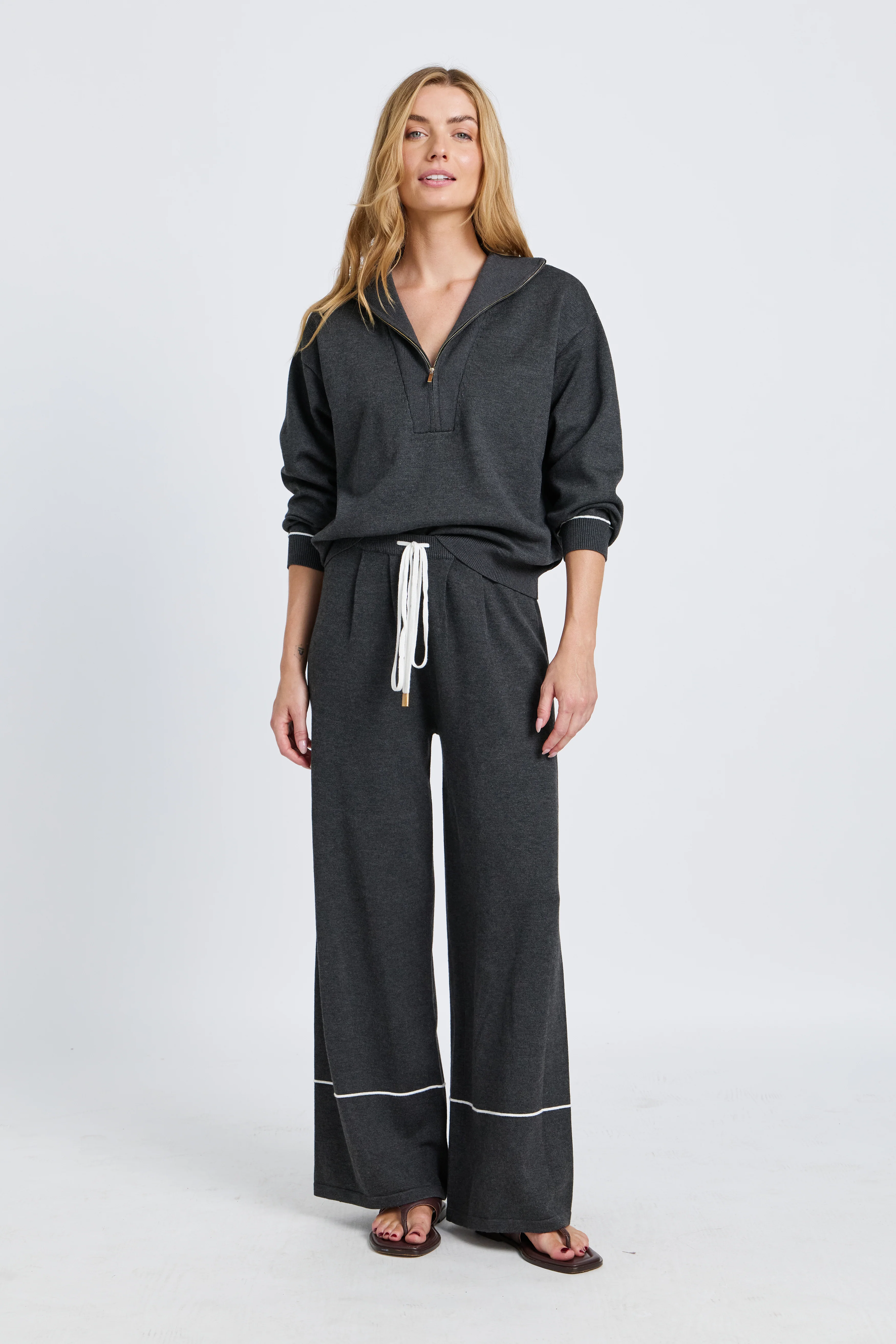 Nina Pleated Knit Pant - Charcoal / White - Image 6