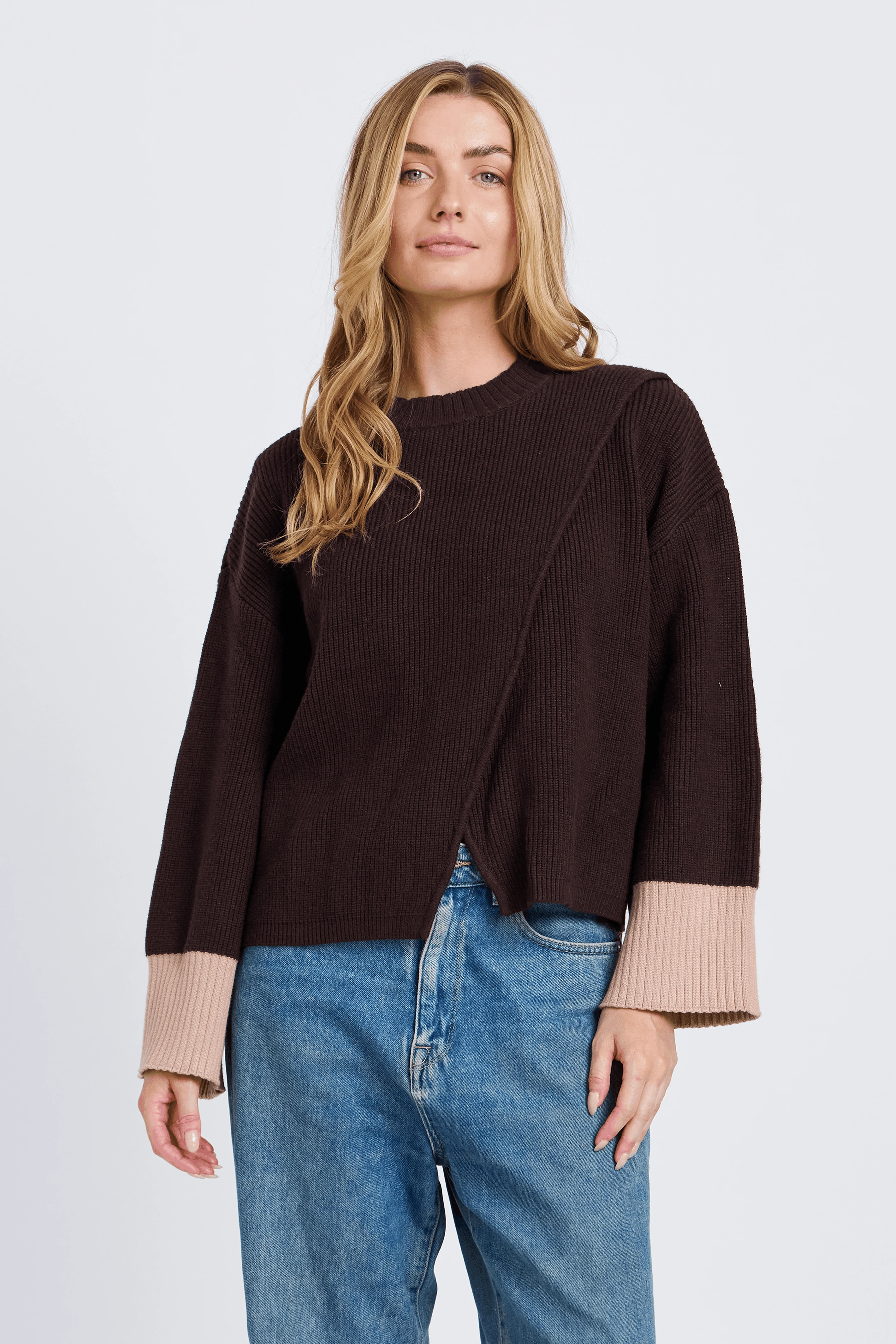 Nova Wrap Knit Jumper - Chocolate / Beige - Image 3