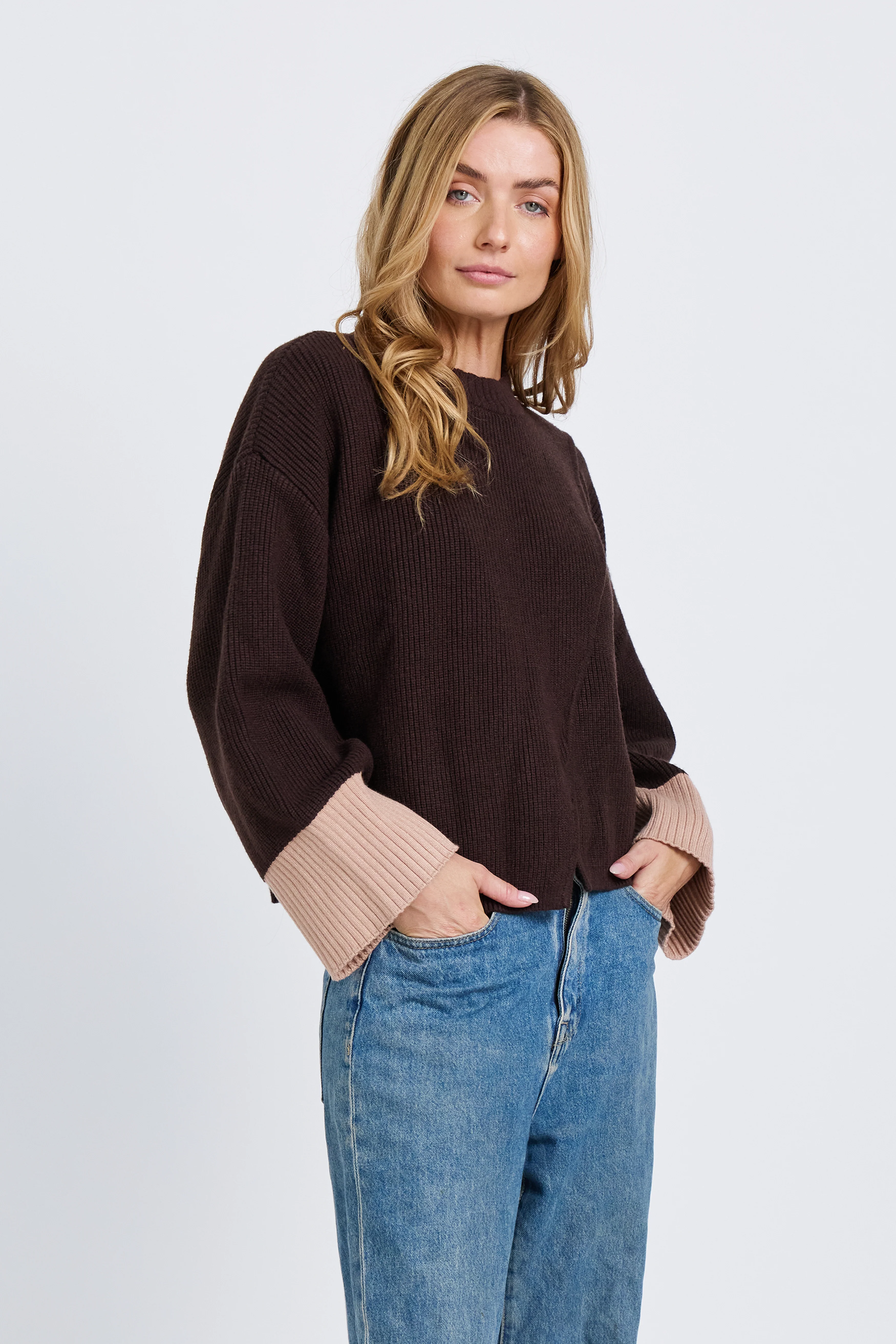 Nova Wrap Knit Jumper - Chocolate / Beige - Image 4