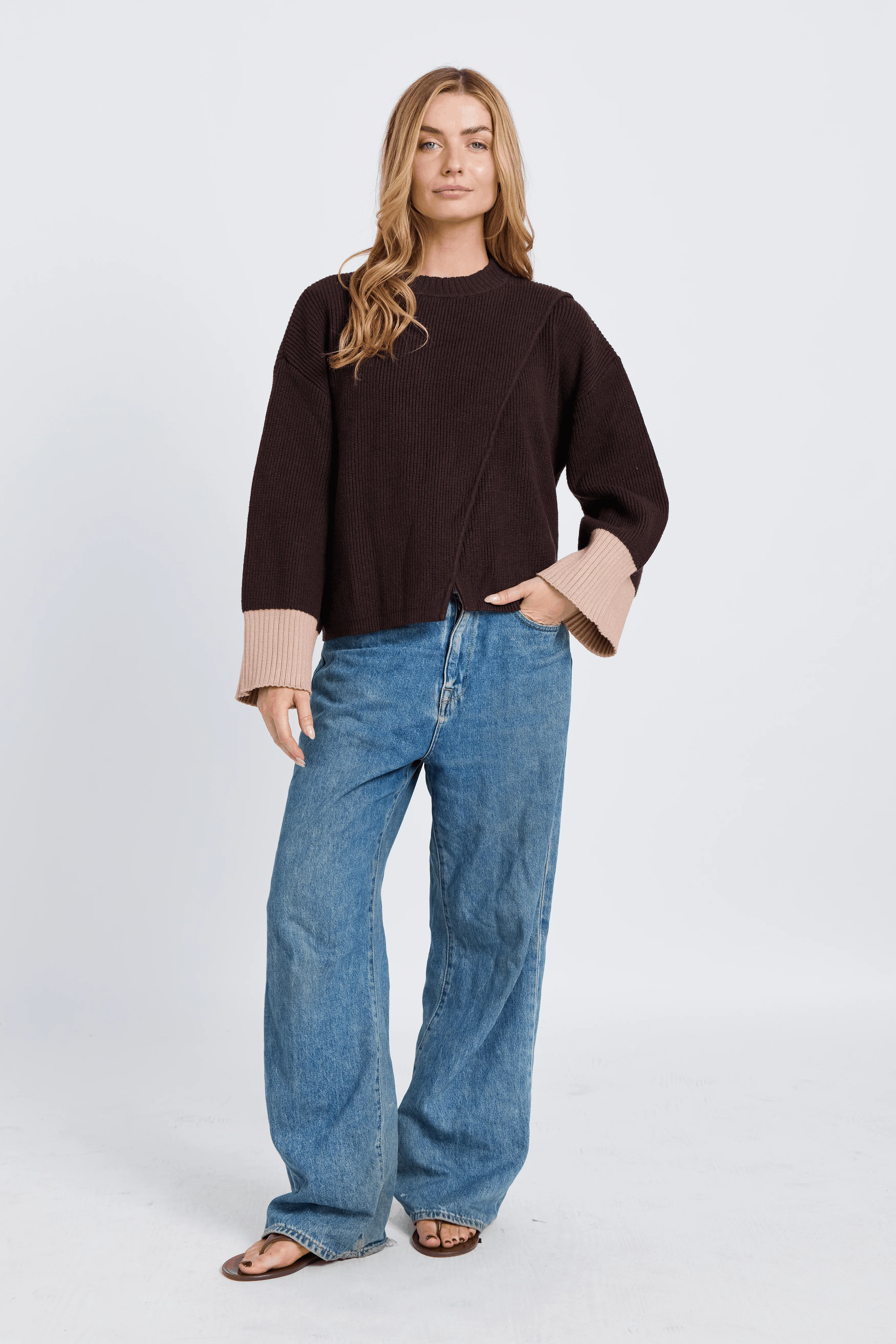 Nova Wrap Knit Jumper - Chocolate / Beige - Image 6