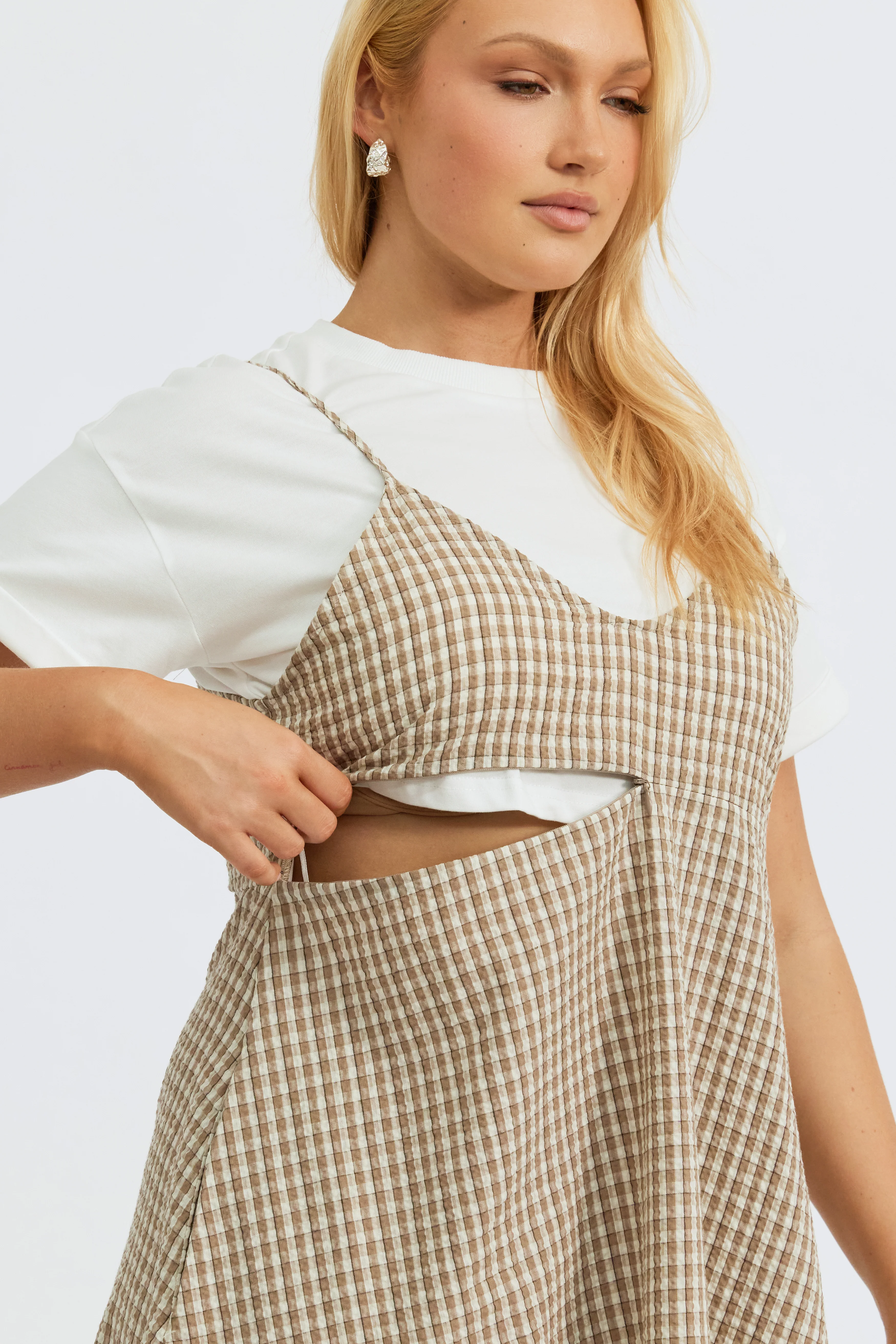 Olivia Layered Two-Piece Babydoll Dress - White / Beige Plaid - Image 12