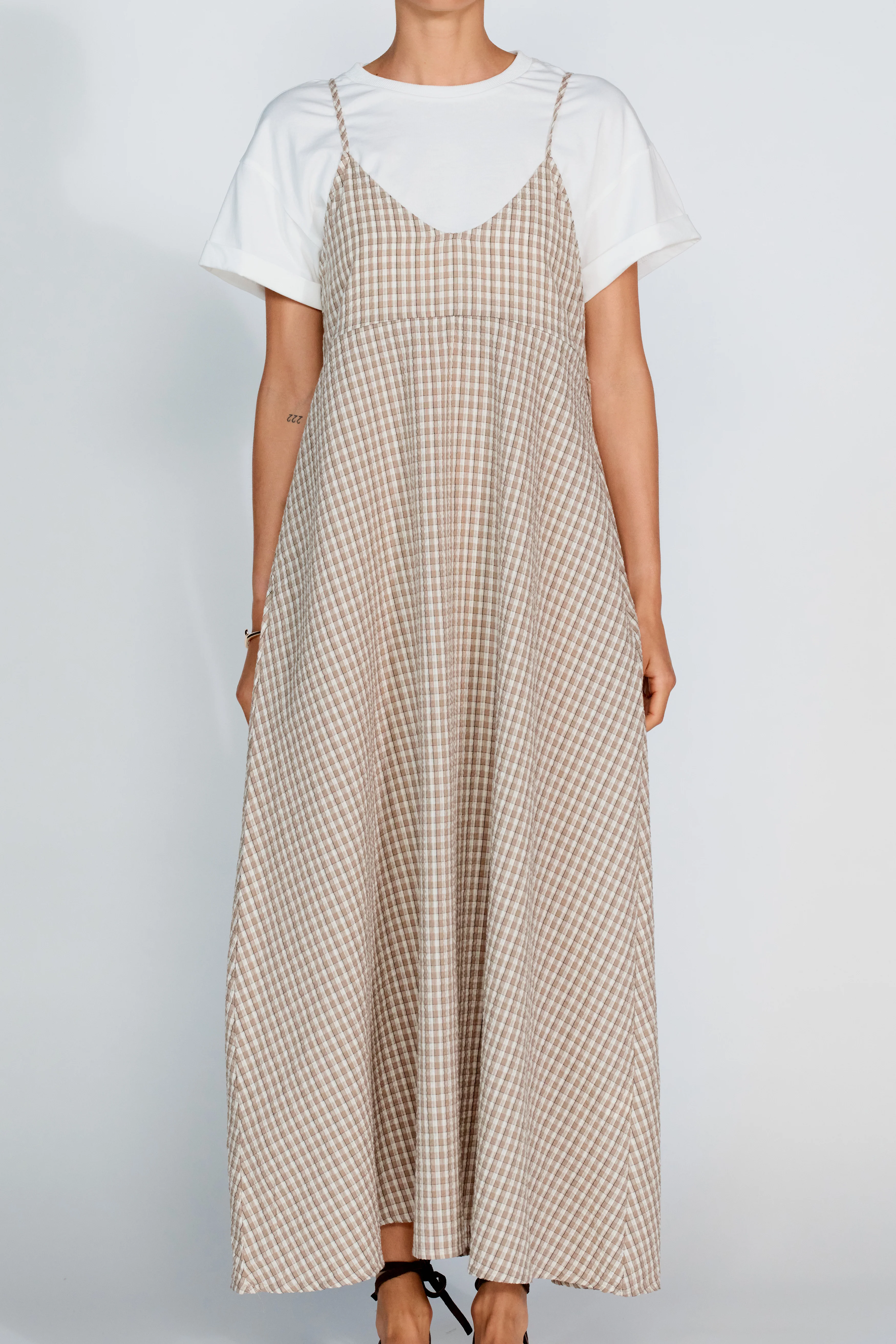 Olivia Layered Two-Piece Babydoll Dress - White / Beige Plaid - Image 4