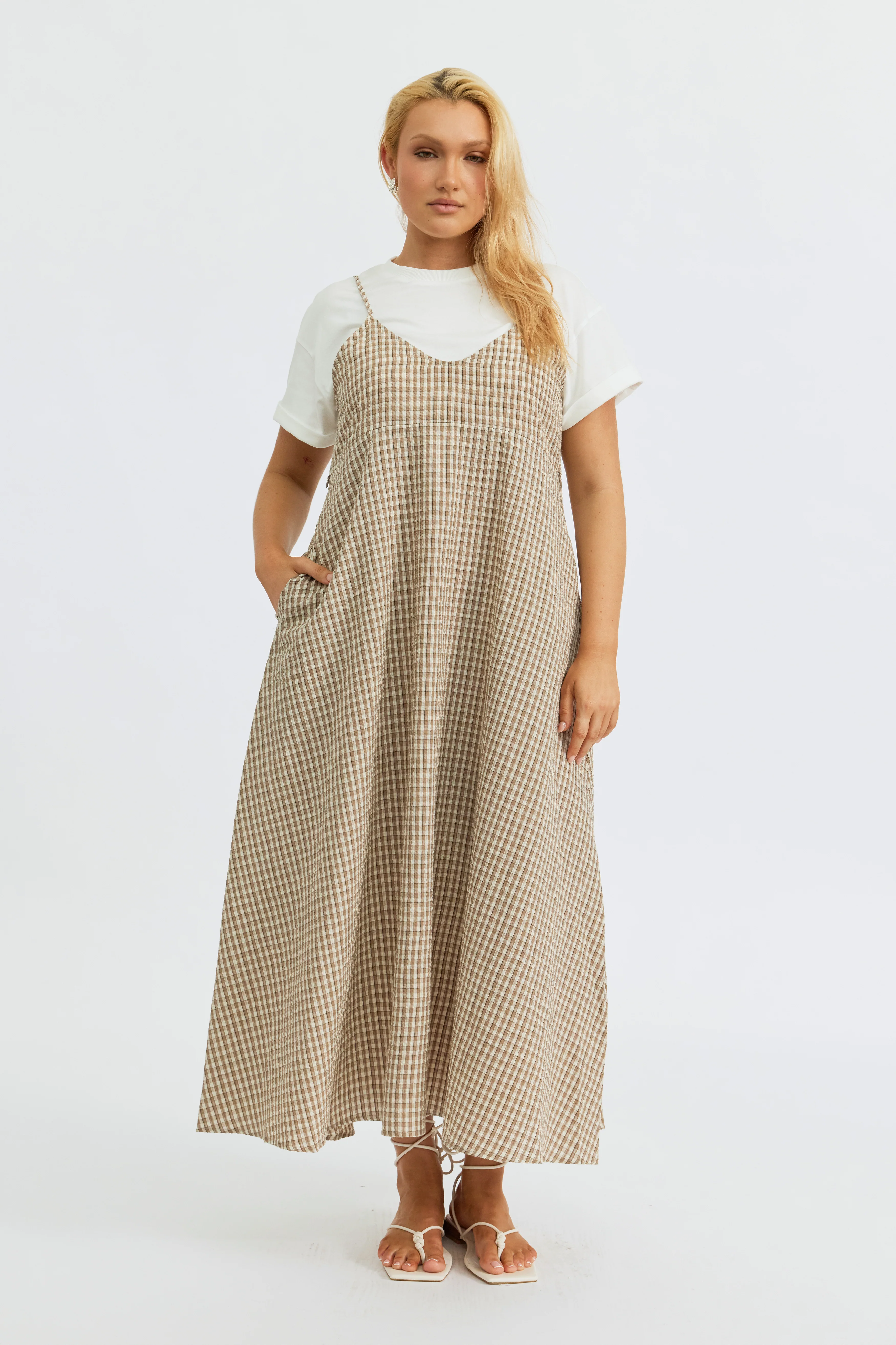 Olivia Layered Two-Piece Babydoll Dress - White / Beige Plaid - Image 5