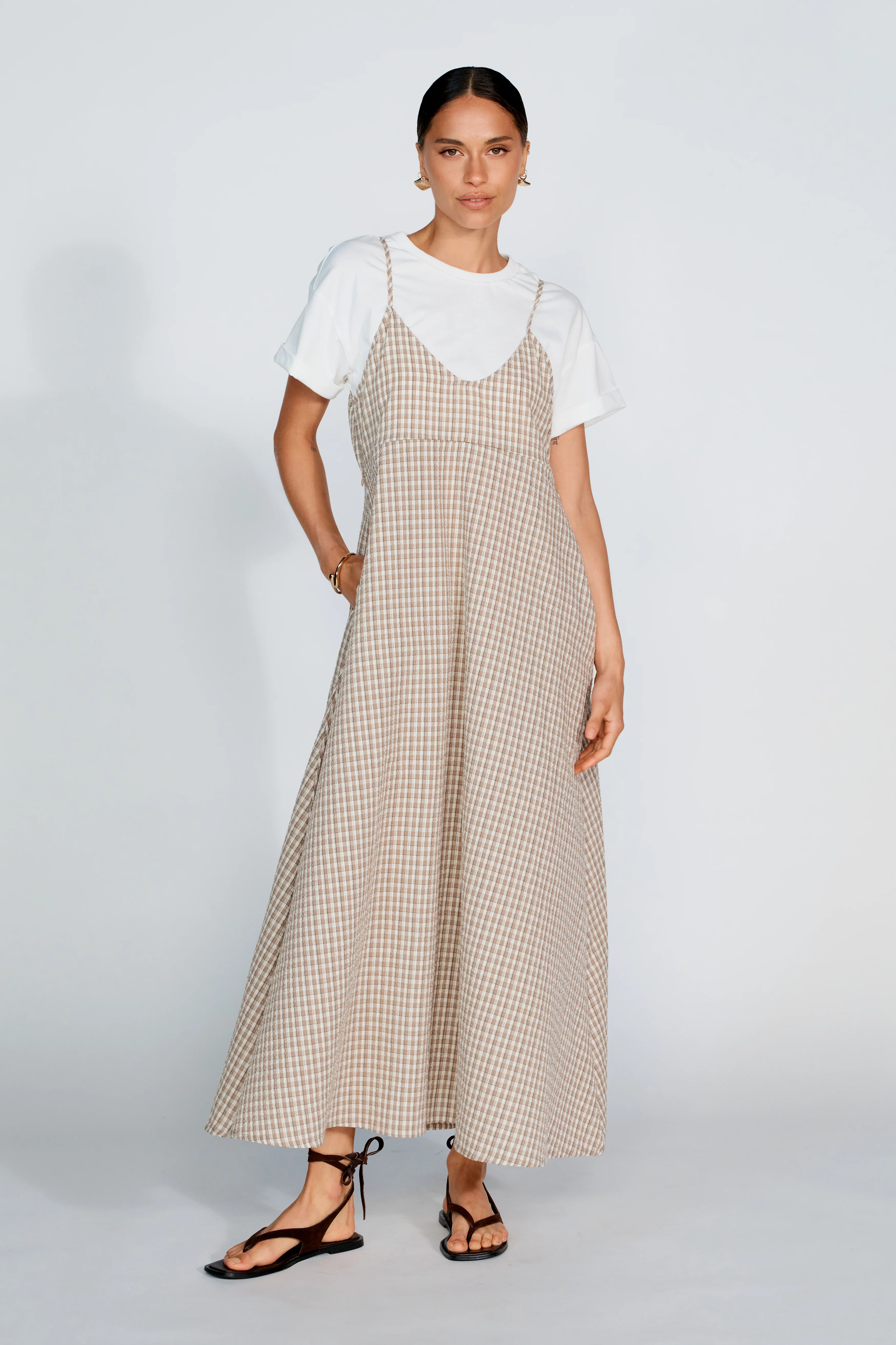 Olivia Layered Two-Piece Babydoll Dress - White / Beige Plaid - Image 6