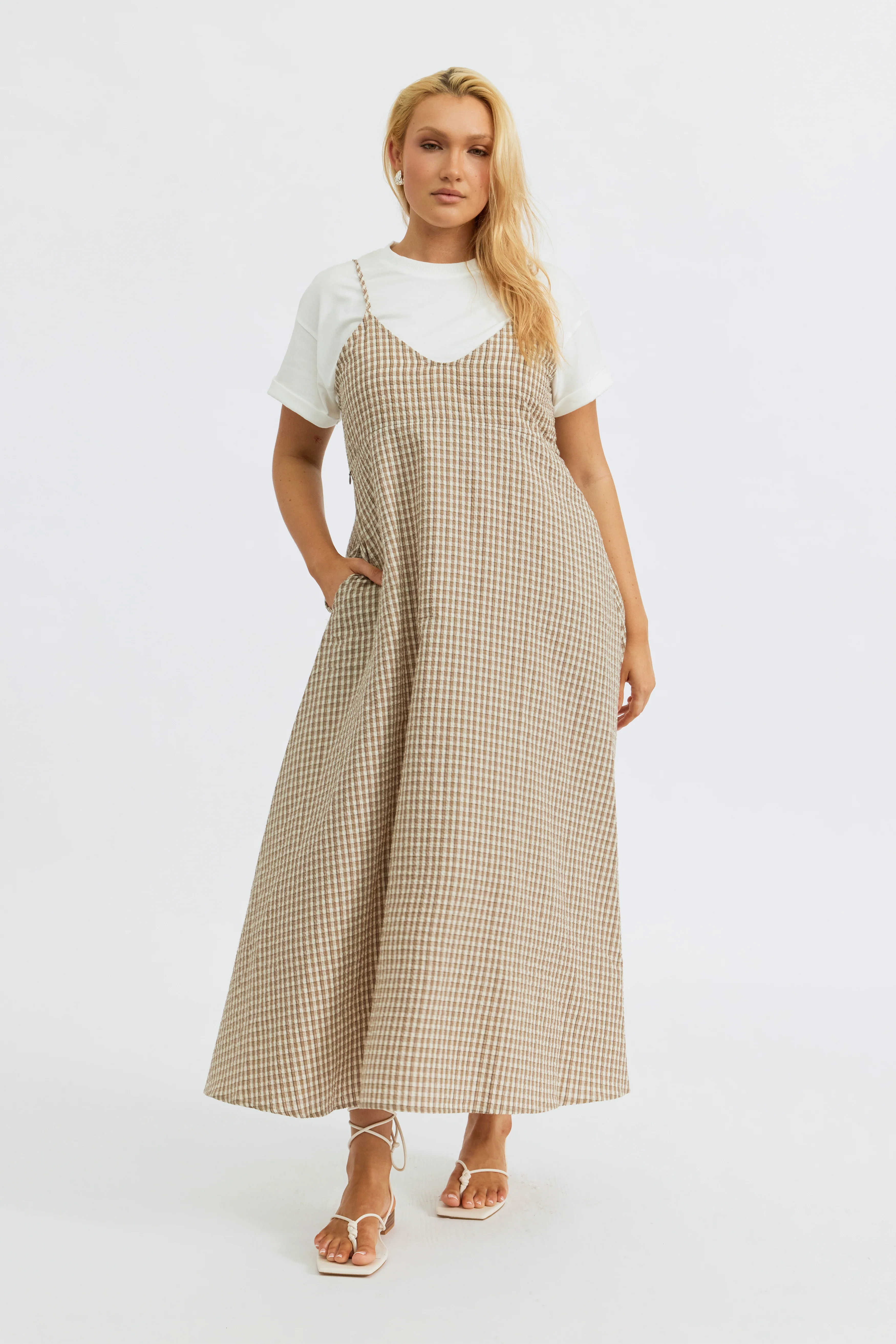 Olivia Layered Two-Piece Babydoll Dress - White / Beige Plaid - Image 7