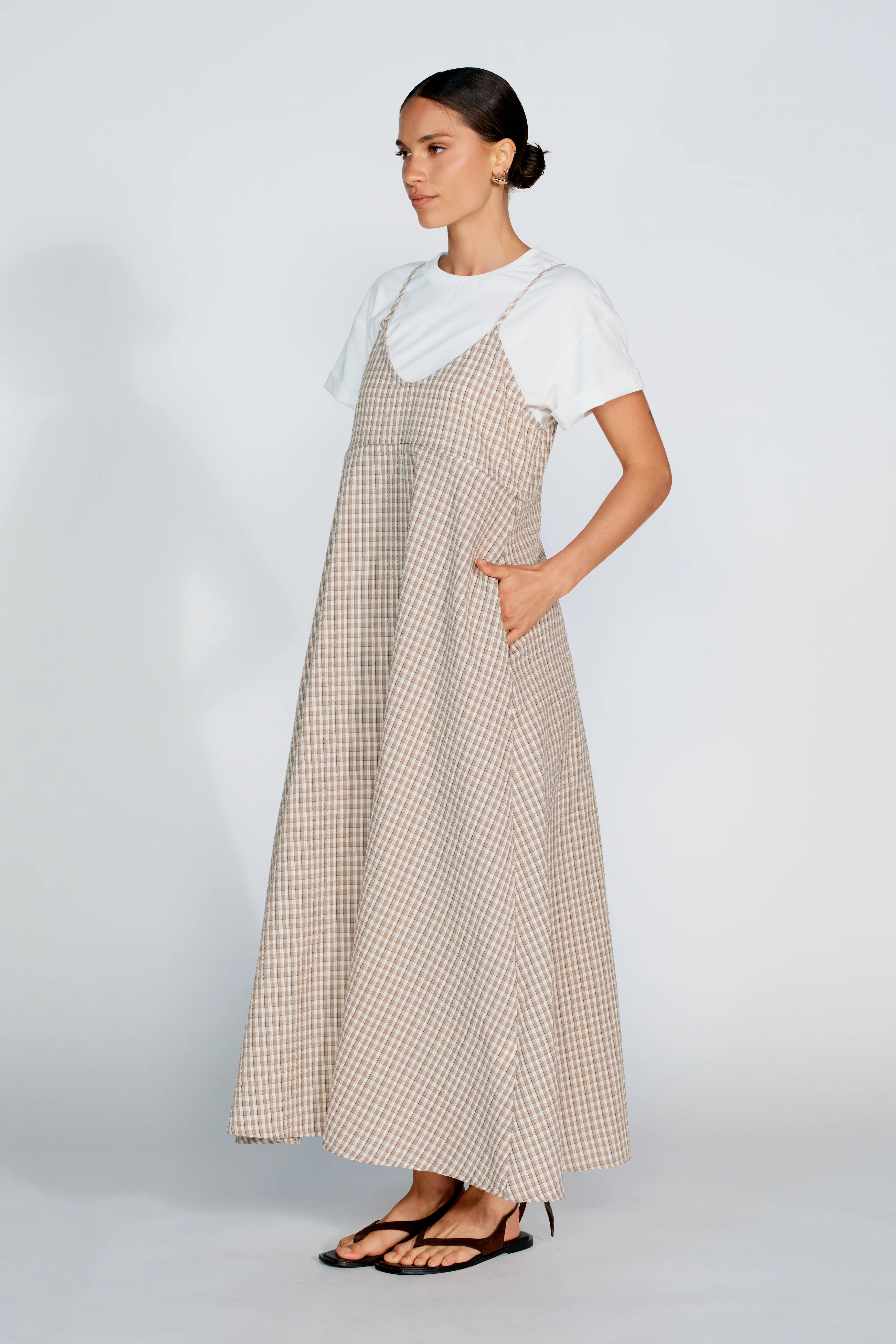 Olivia Layered Two-Piece Babydoll Dress - White / Beige Plaid - Image 8