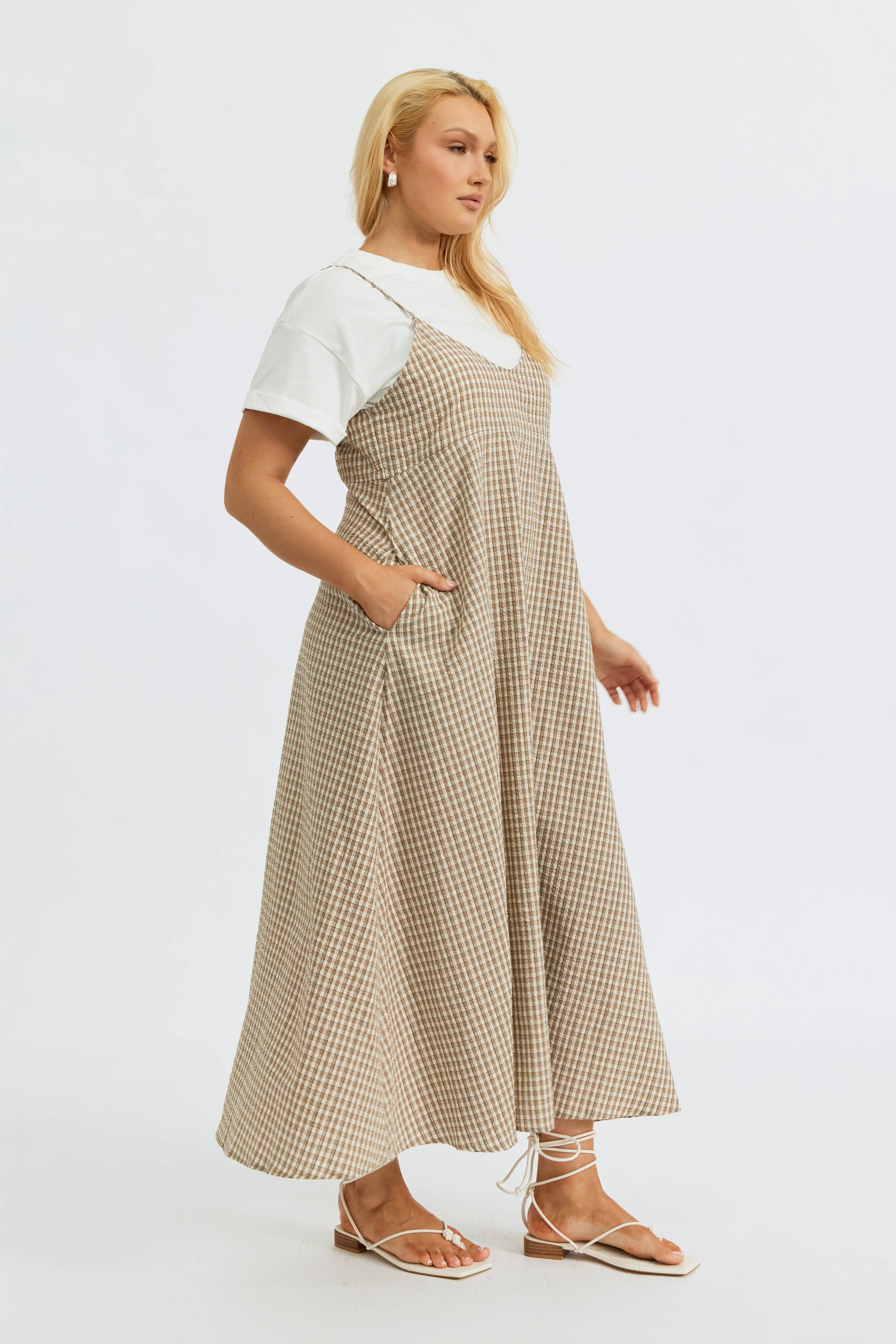 Olivia Layered Two-Piece Babydoll Dress - White / Beige Plaid - Image 9