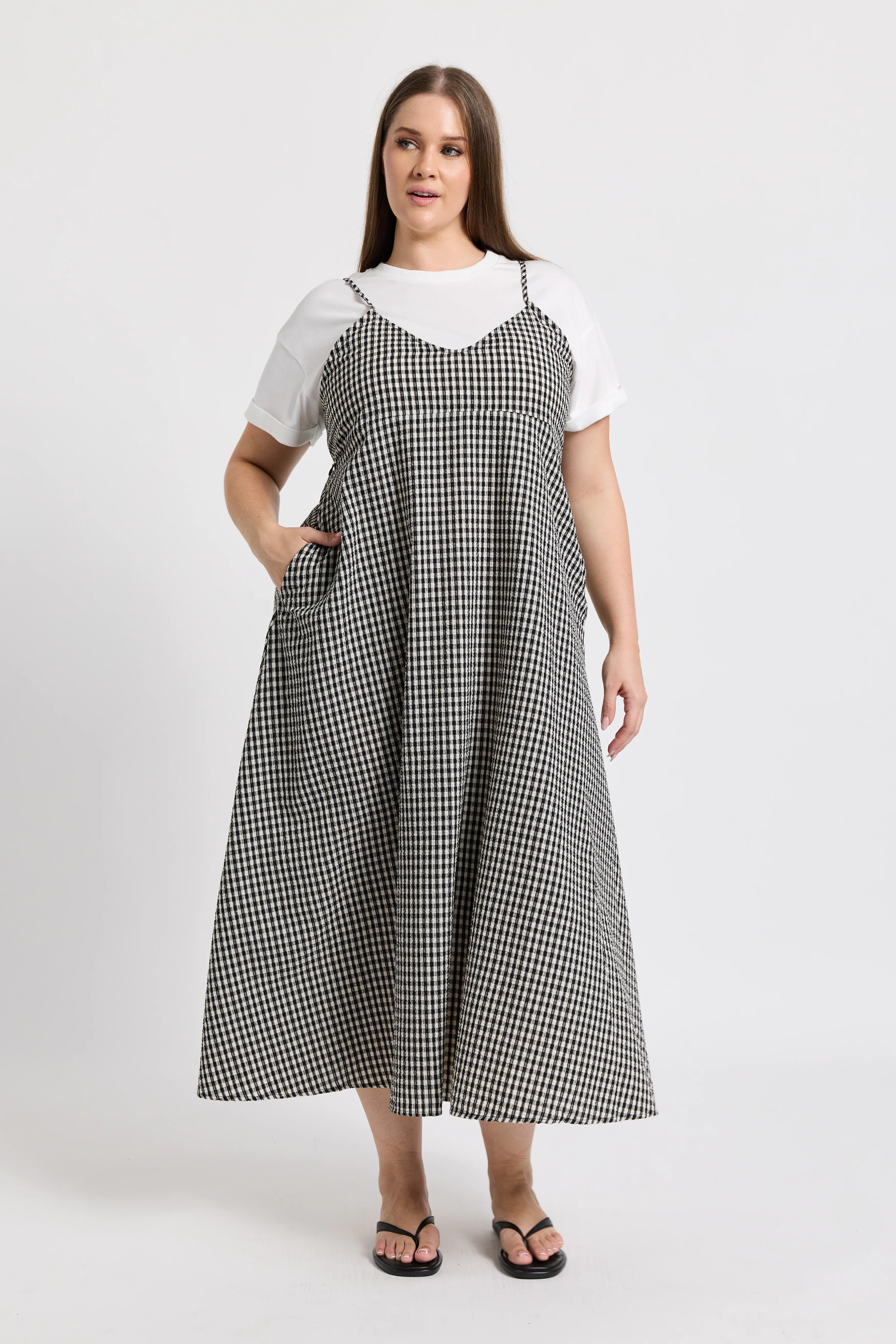Olivia Layered Babydoll Tee Dress - White / Black Plaid - Image 4