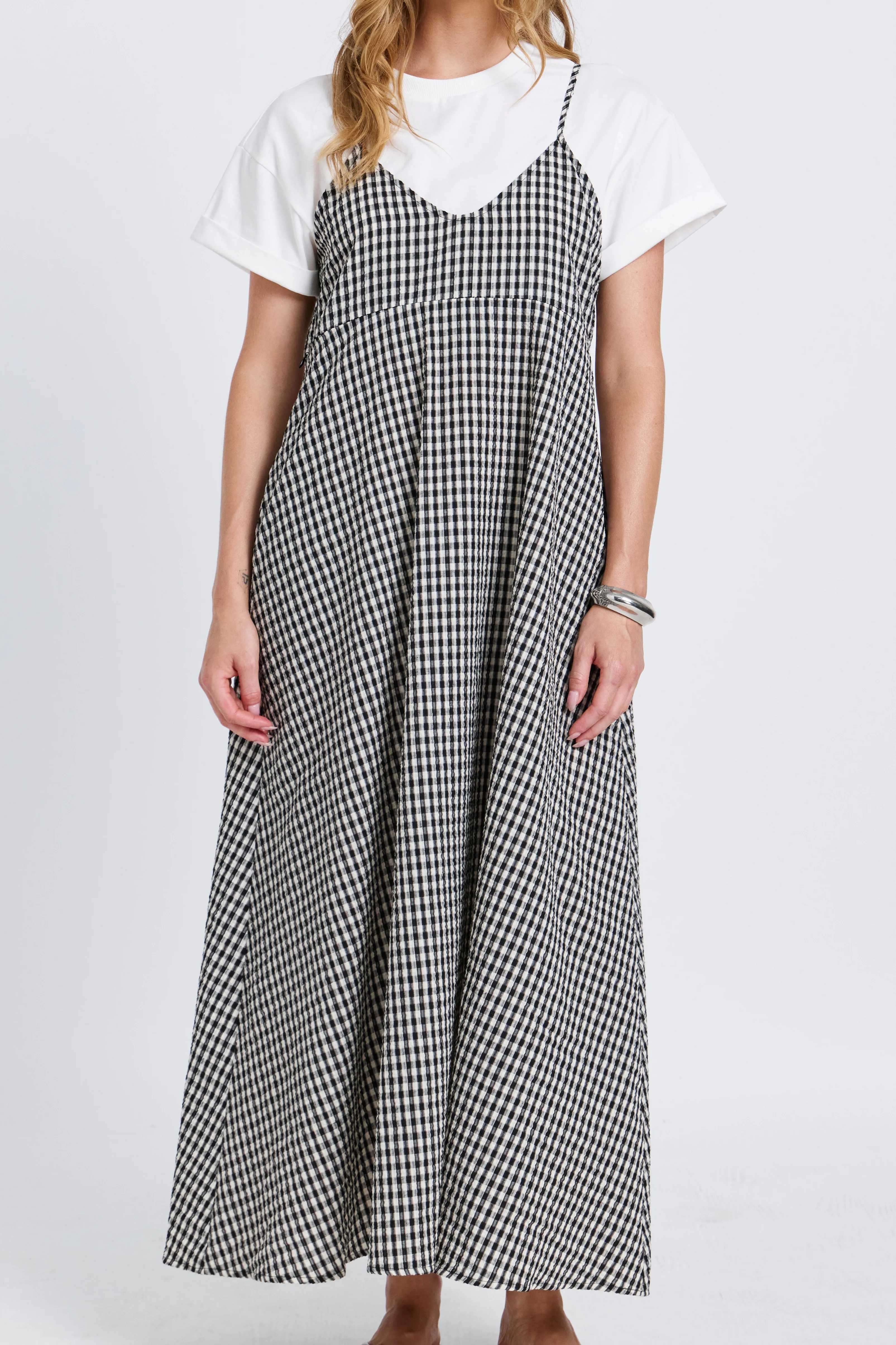Olivia Layered Babydoll Tee Dress - White / Black Plaid - Image 6