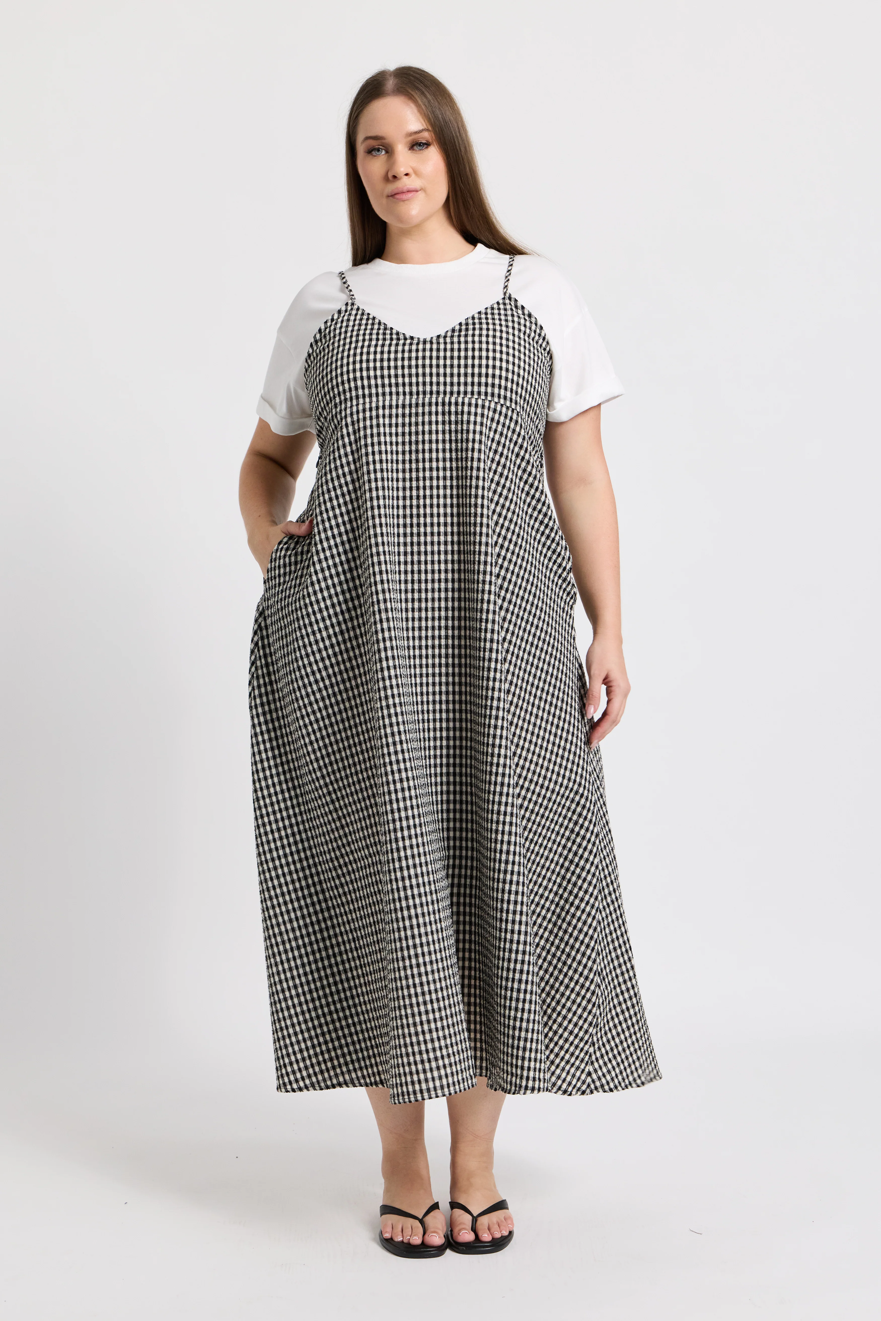 Olivia Layered Babydoll Tee Dress - White / Black Plaid - Image 9
