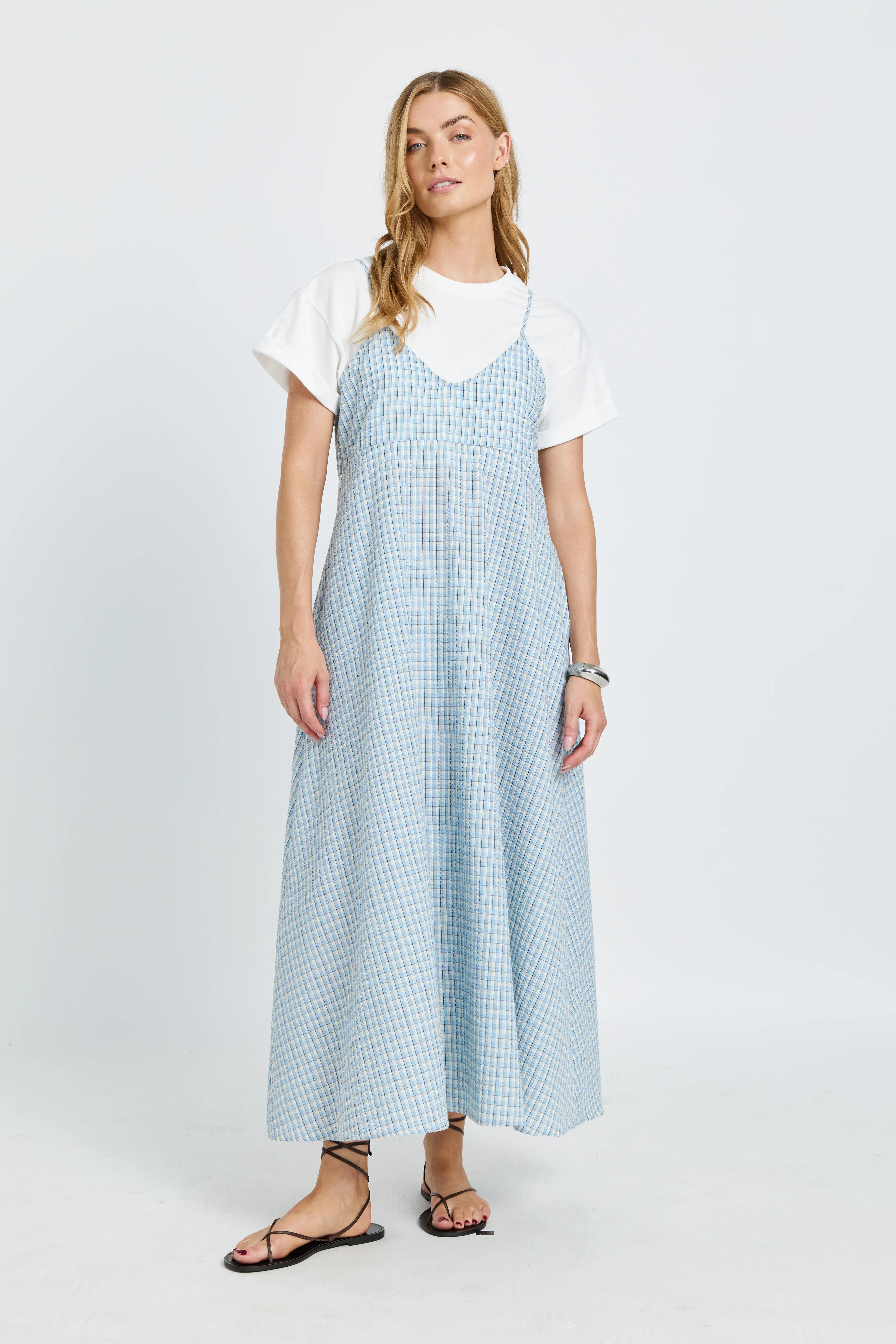 Olivia Layered Babydoll Tee Dress - White / Blue Plaid - Image 12
