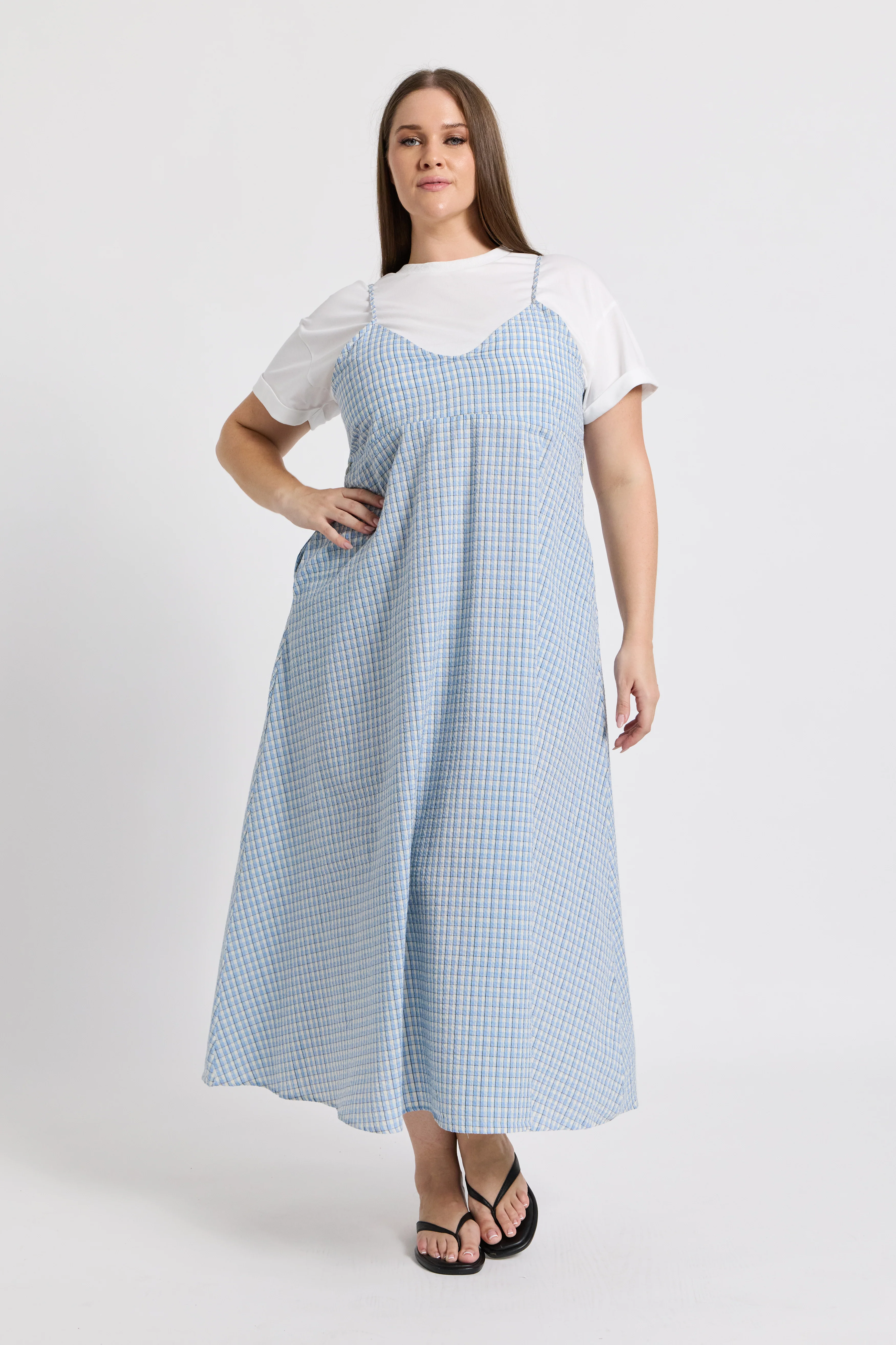 Olivia Layered Babydoll Tee Dress - White / Blue Plaid - Image 4
