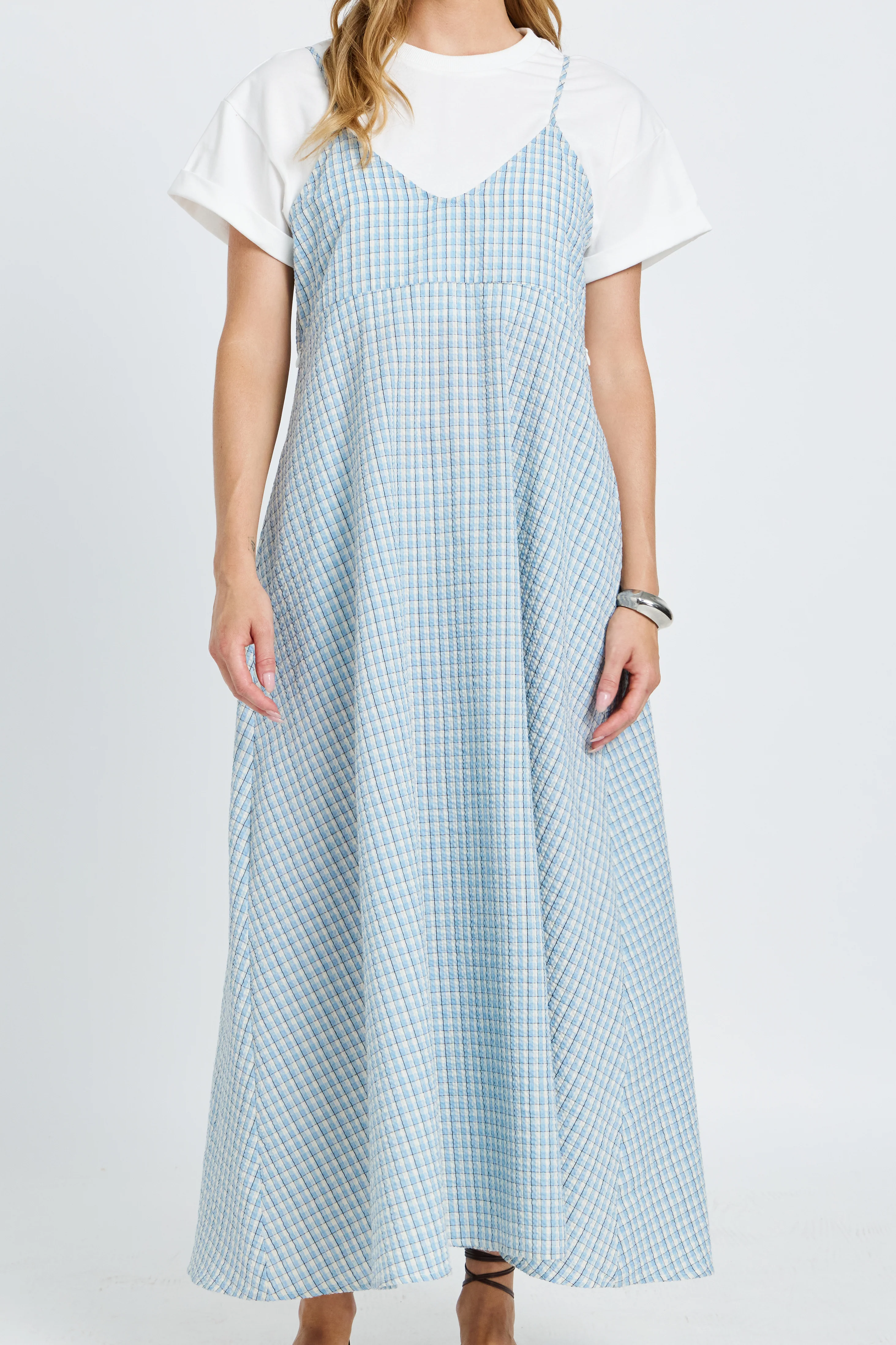 Olivia Layered Babydoll Tee Dress - White / Blue Plaid - Image 6