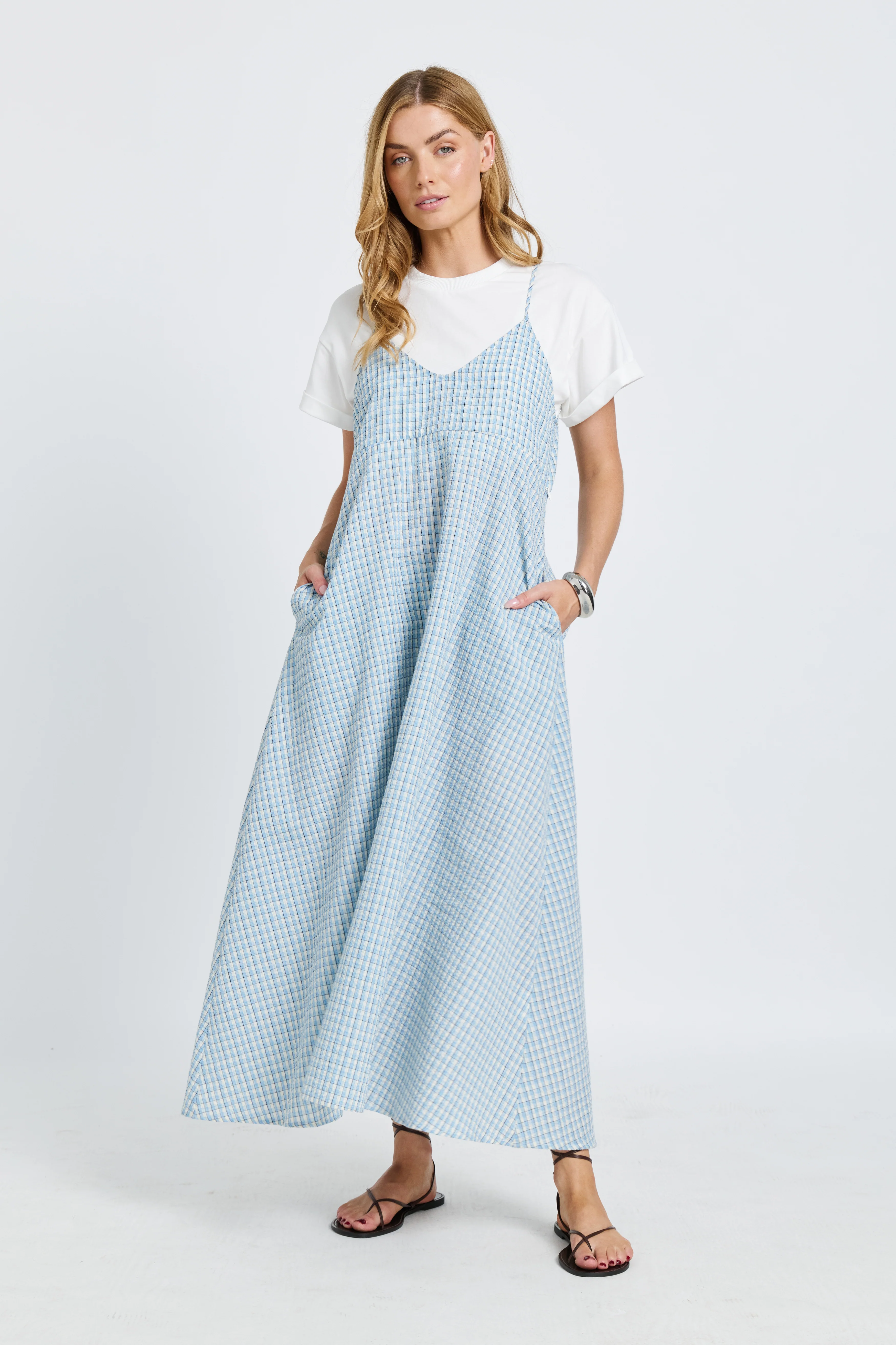 Olivia Layered Babydoll Tee Dress - White / Blue Plaid - Image 8