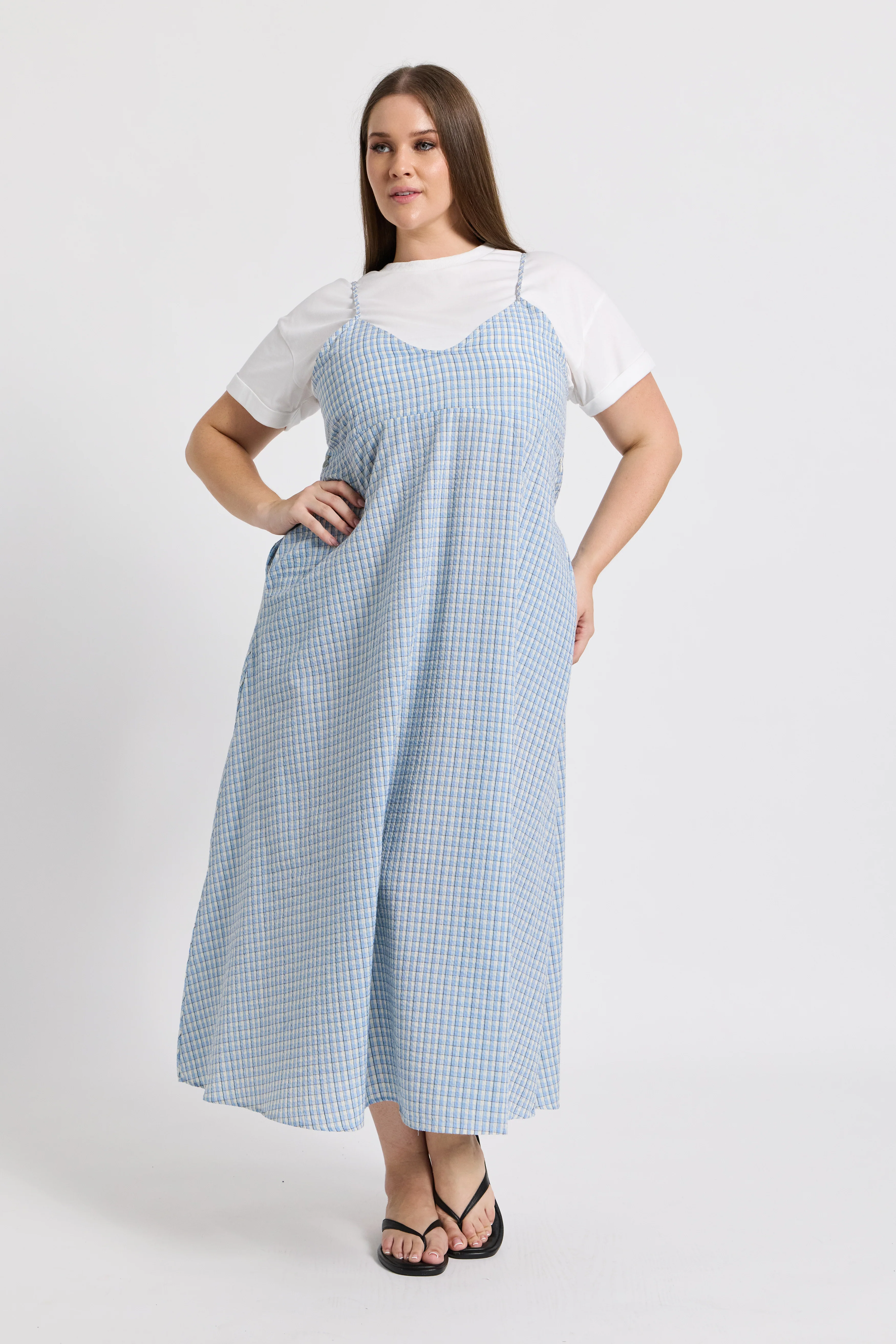 Olivia Layered Babydoll Tee Dress - White / Blue Plaid - Image 9