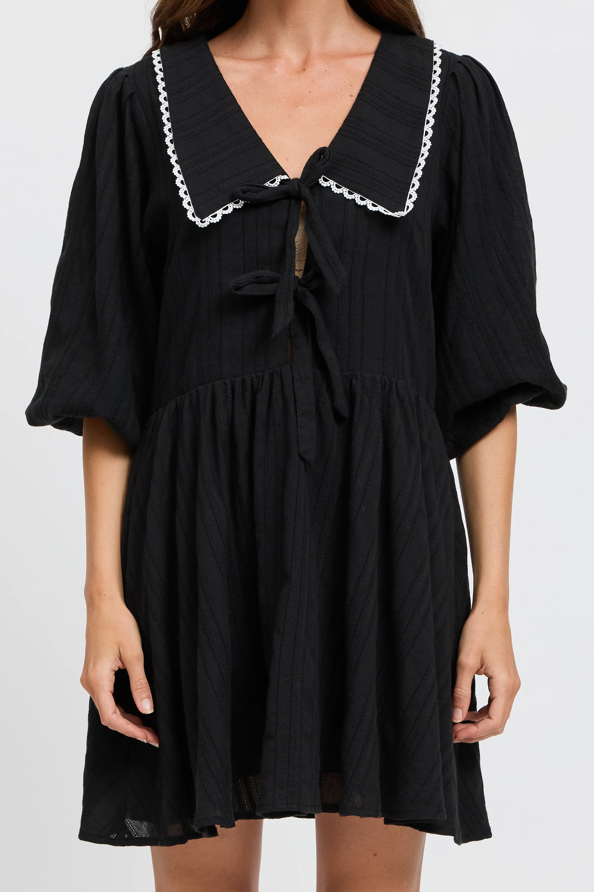 Petra Collared Tie-Front Mini Dress - Black - Image 3