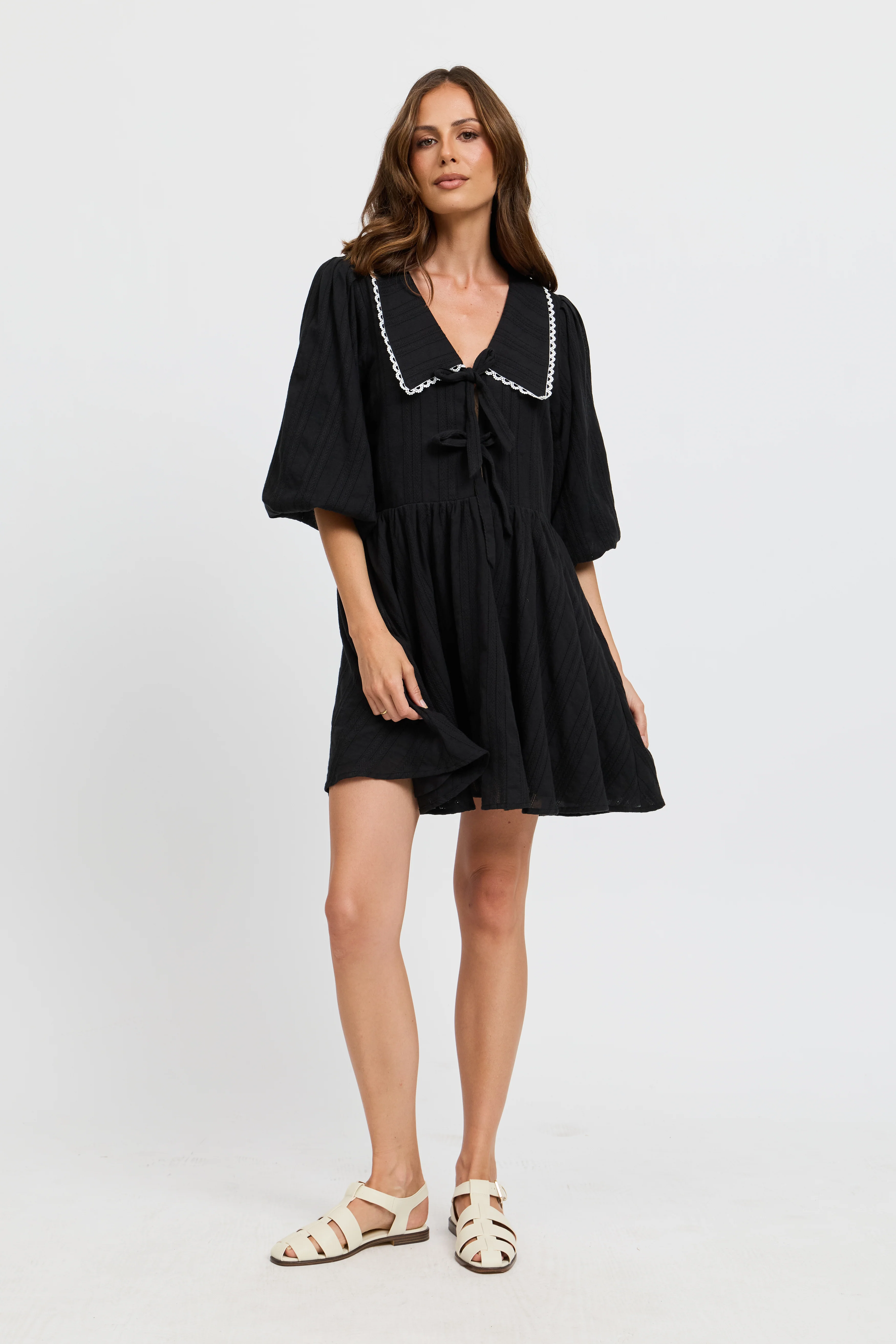 Petra Collared Tie-Front Mini Dress - Black - Image 4