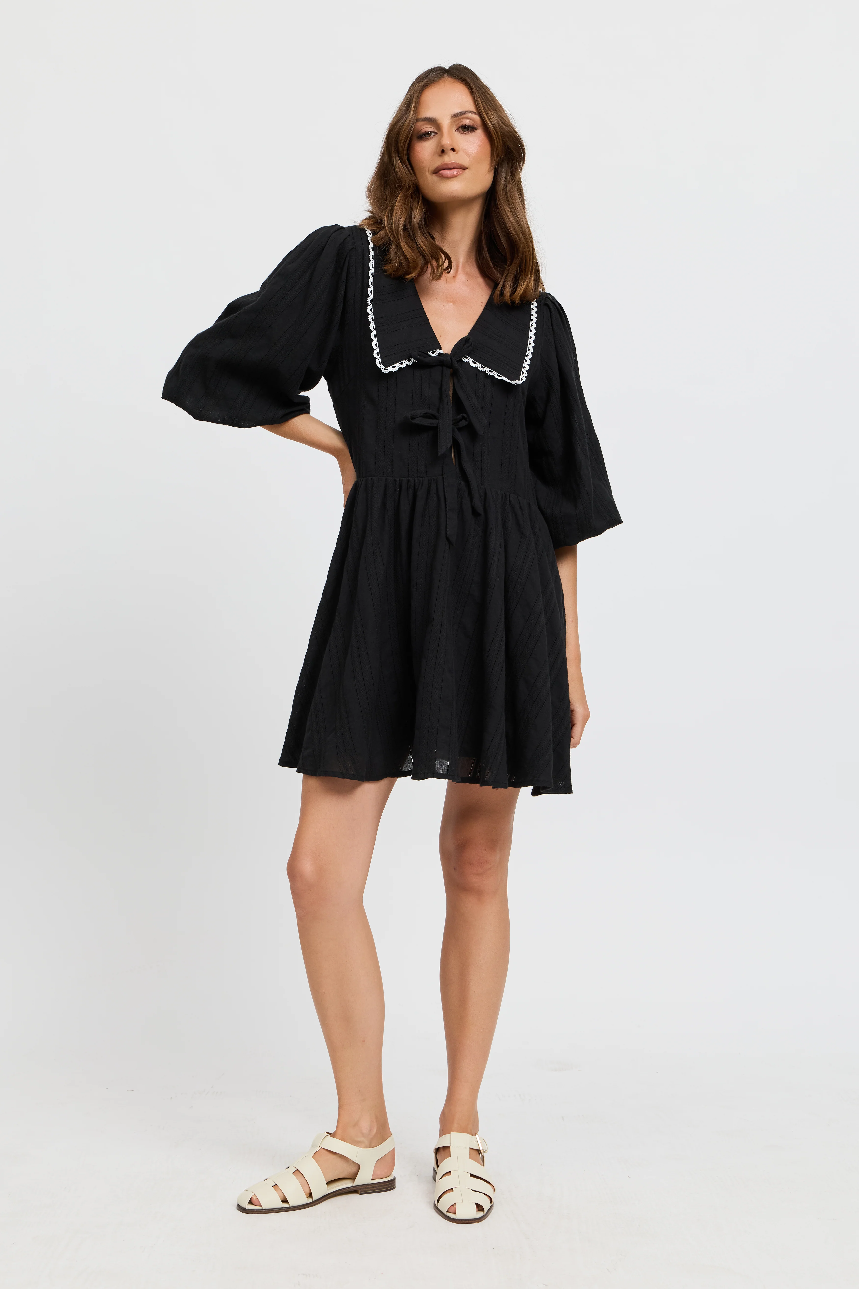 Petra Collared Tie-Front Mini Dress - Black - Image 5