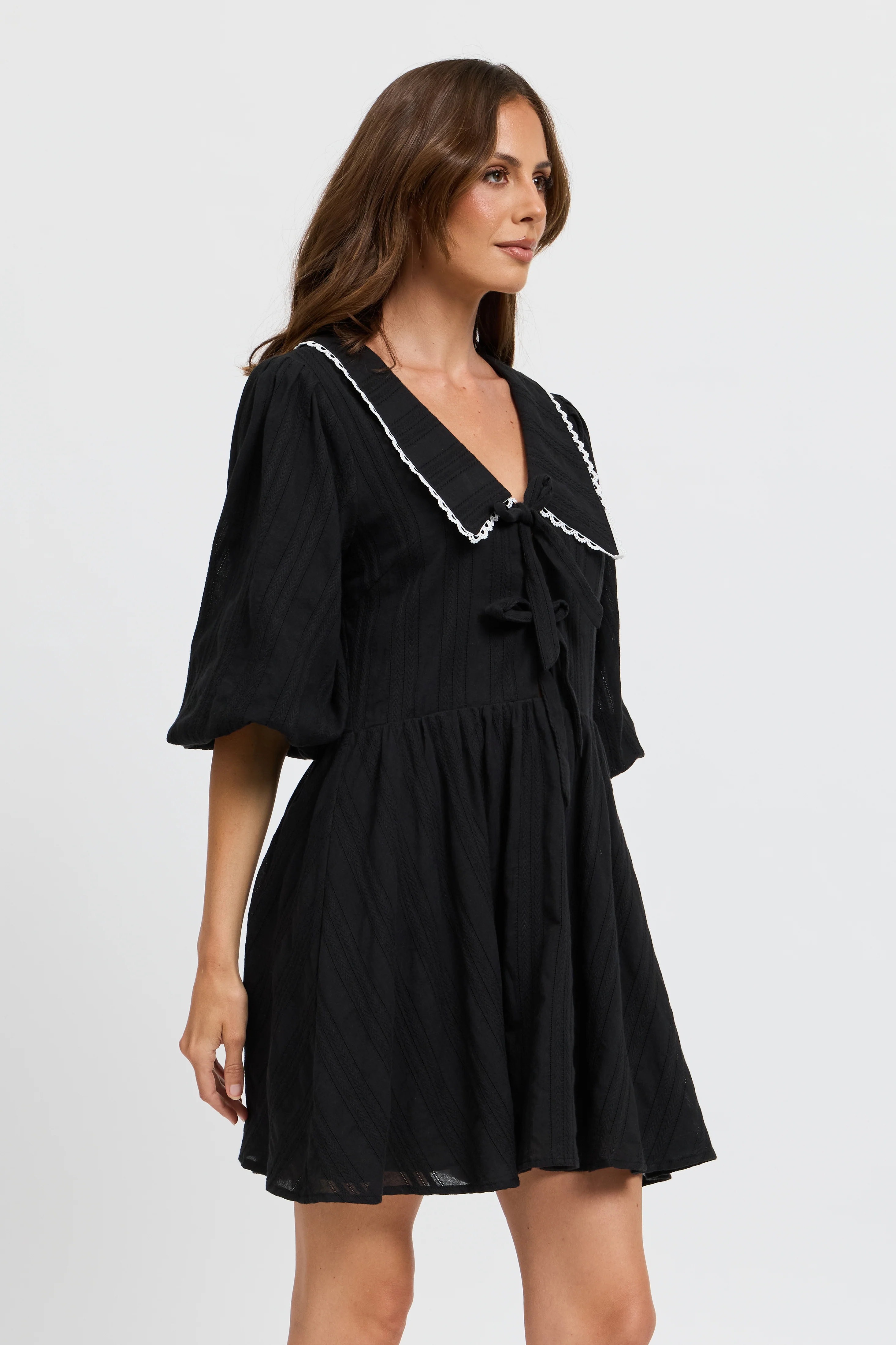 Petra Collared Tie-Front Mini Dress - Black - Image 6