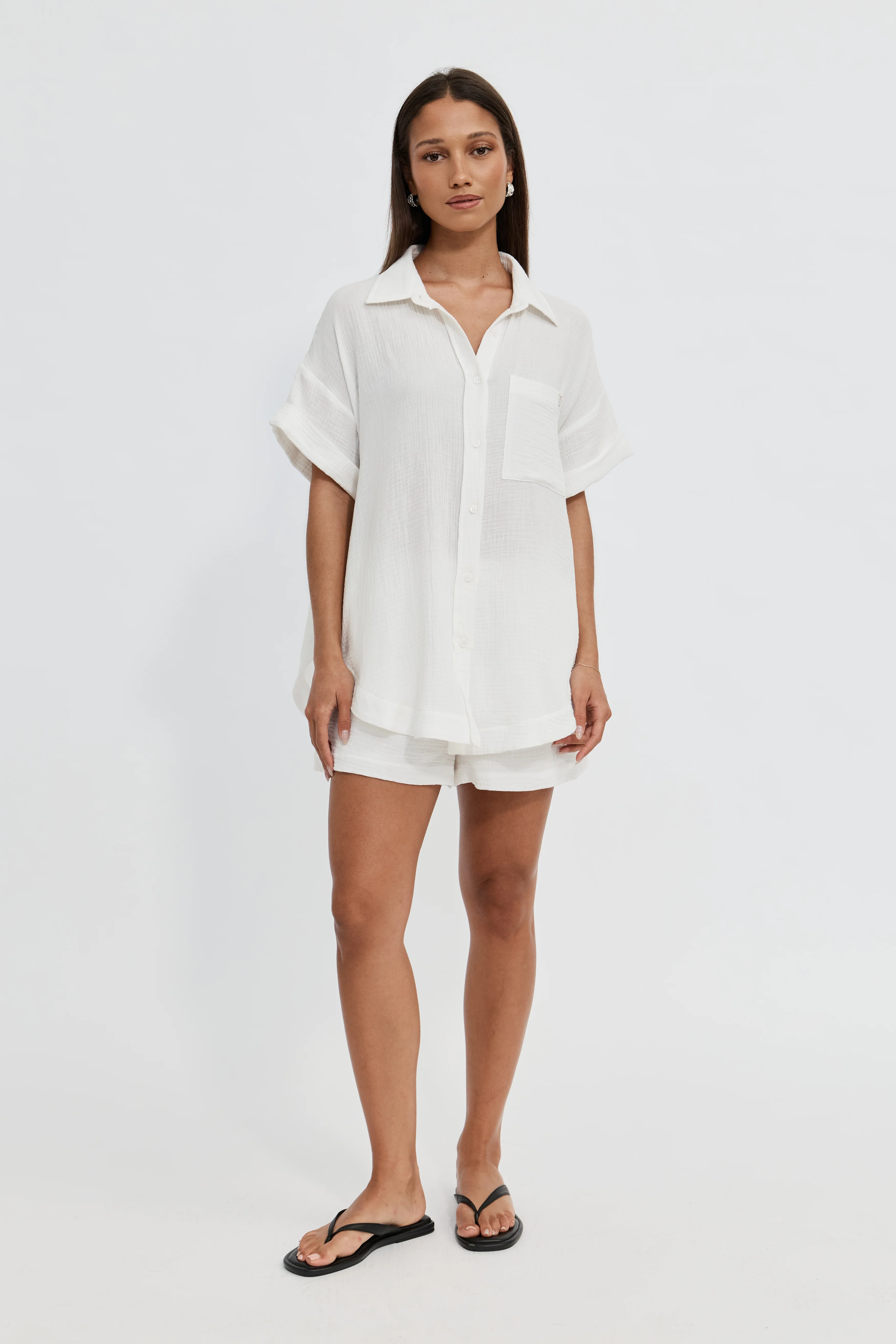 Reese Rolled-Sleeve Button-Down Shirt - White