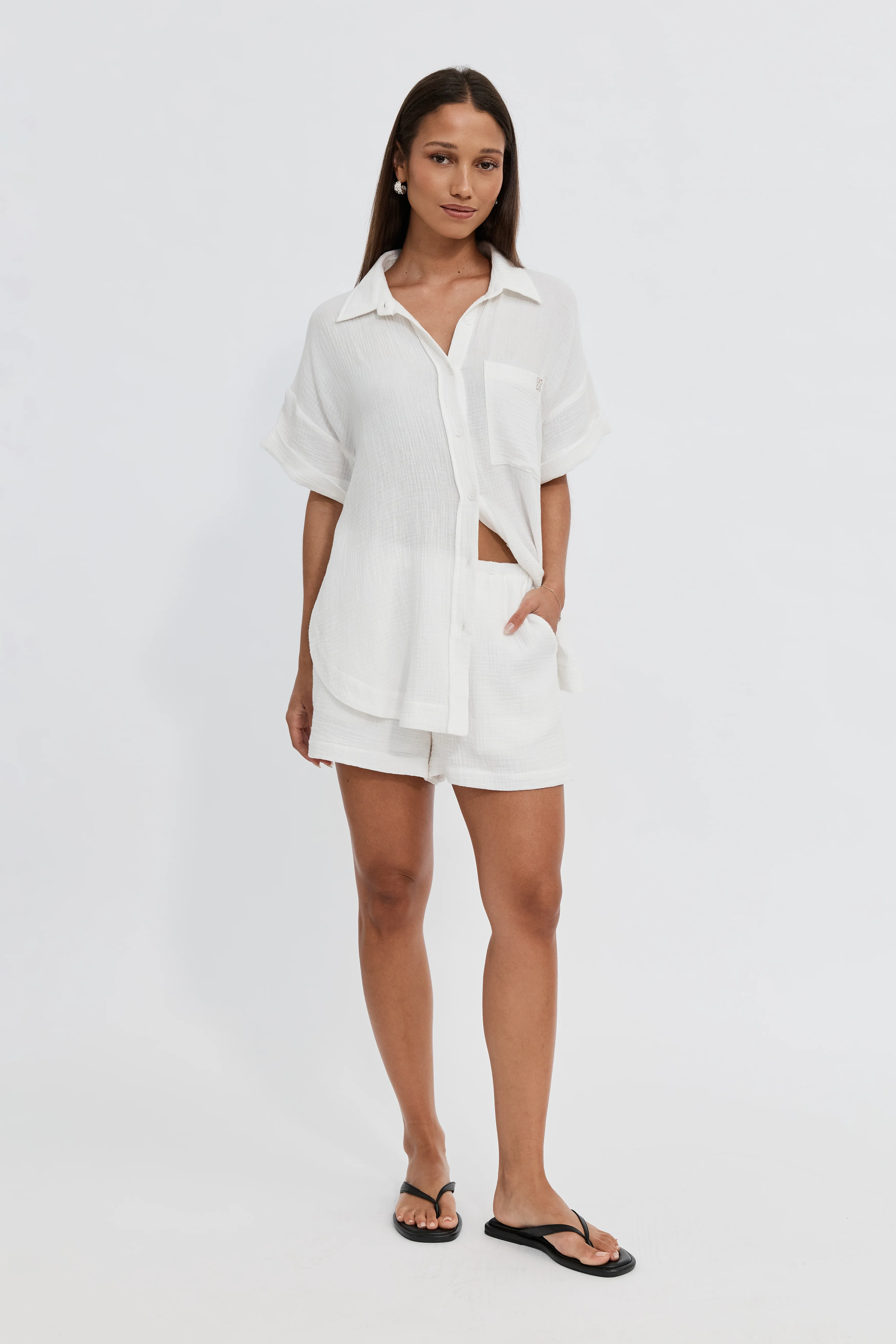Reese Rolled-Sleeve Button-Down Shirt - White - Image 3