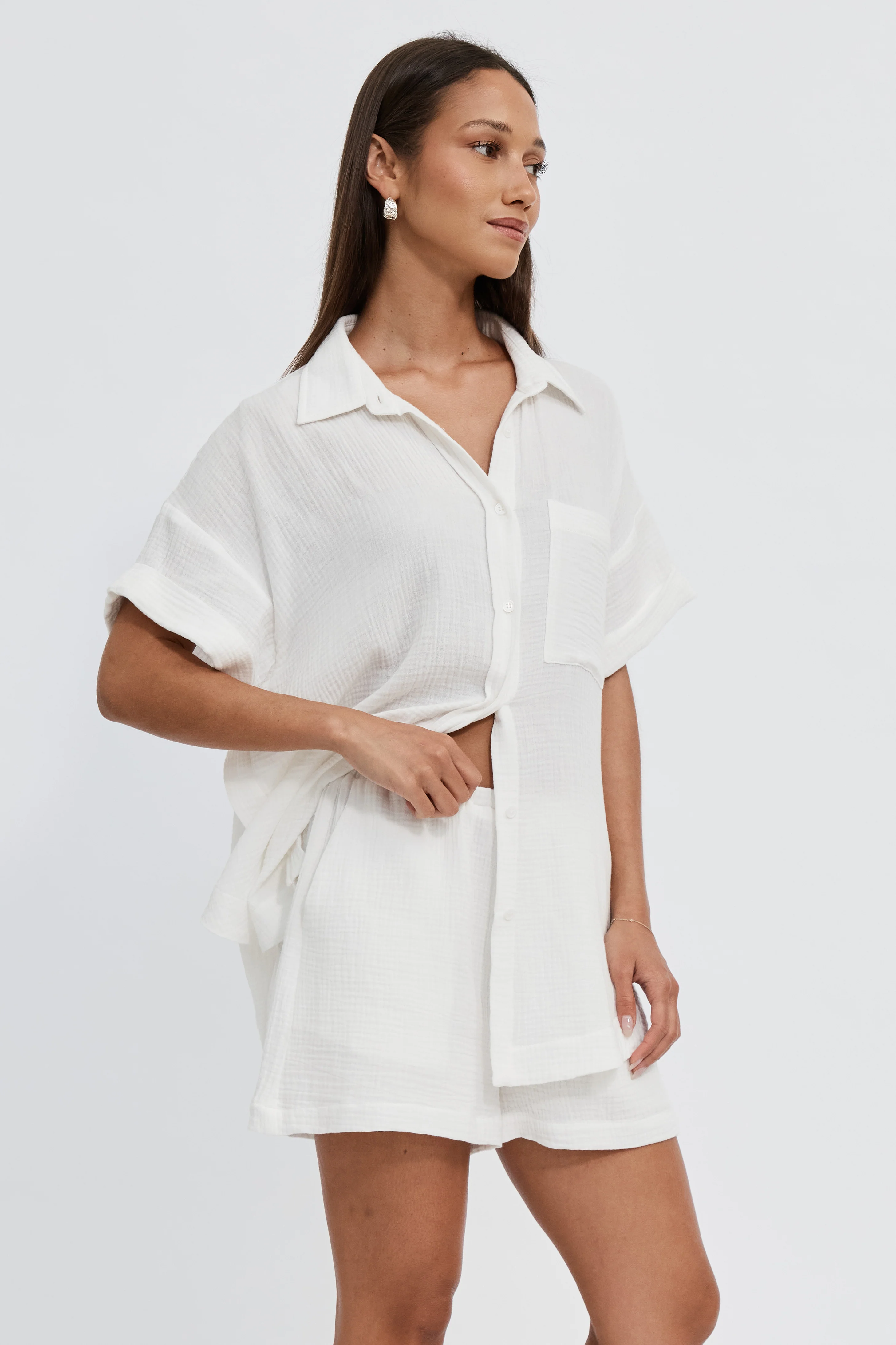 Reese Rolled-Sleeve Button-Down Shirt - White - Image 6