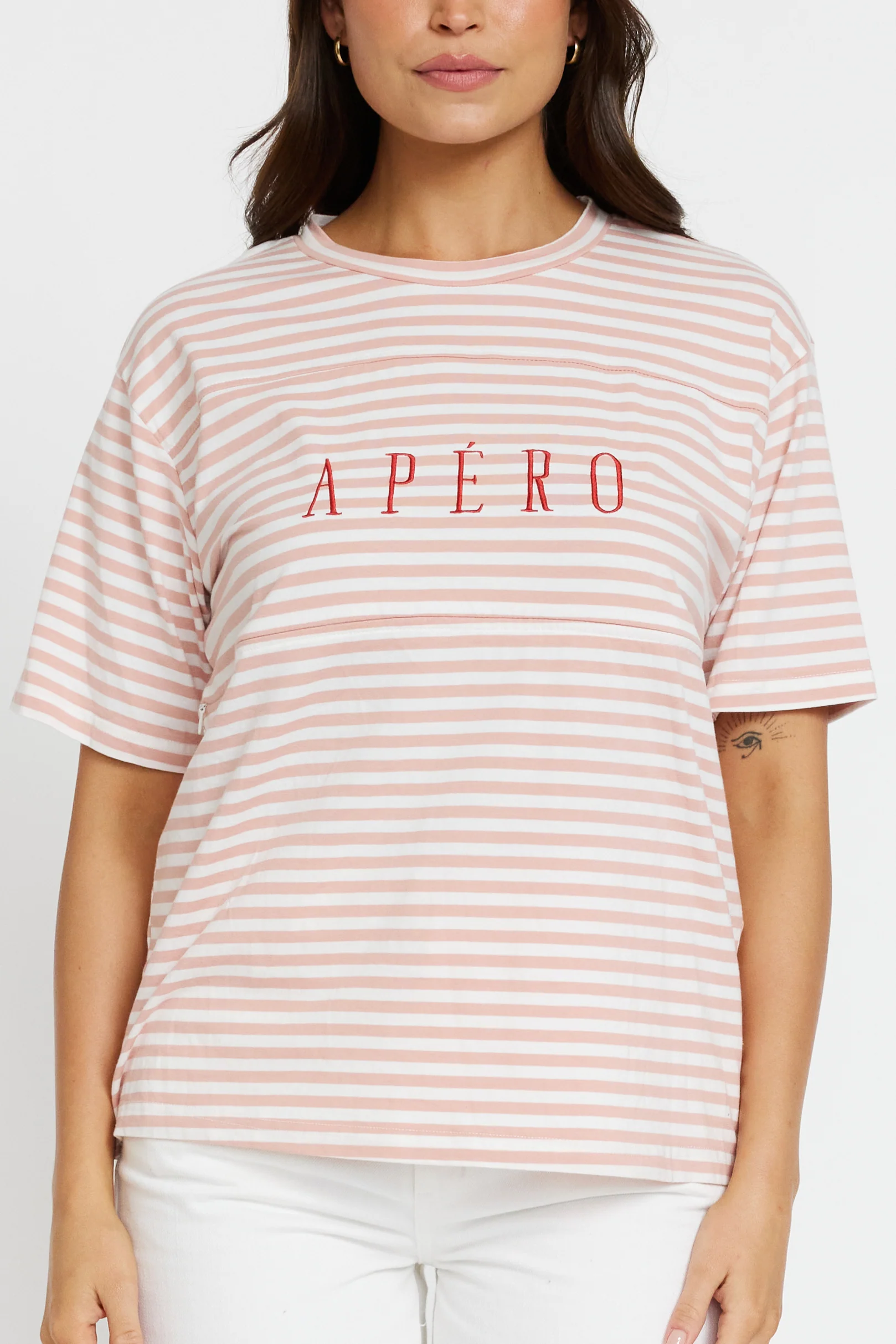 Riviera Stripe Panel Tee - Pink / White / Red - Image 3