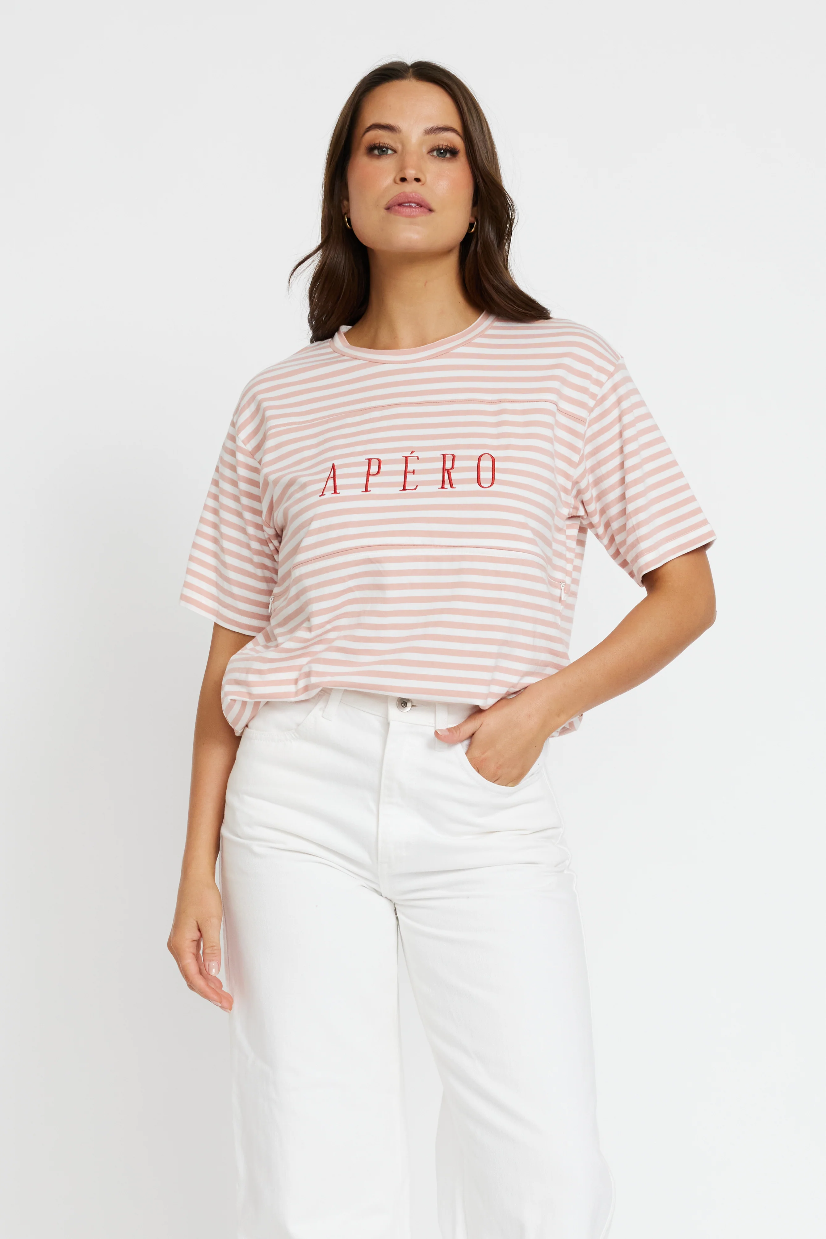 Riviera Stripe Panel Tee - Pink / White / Red - Image 6