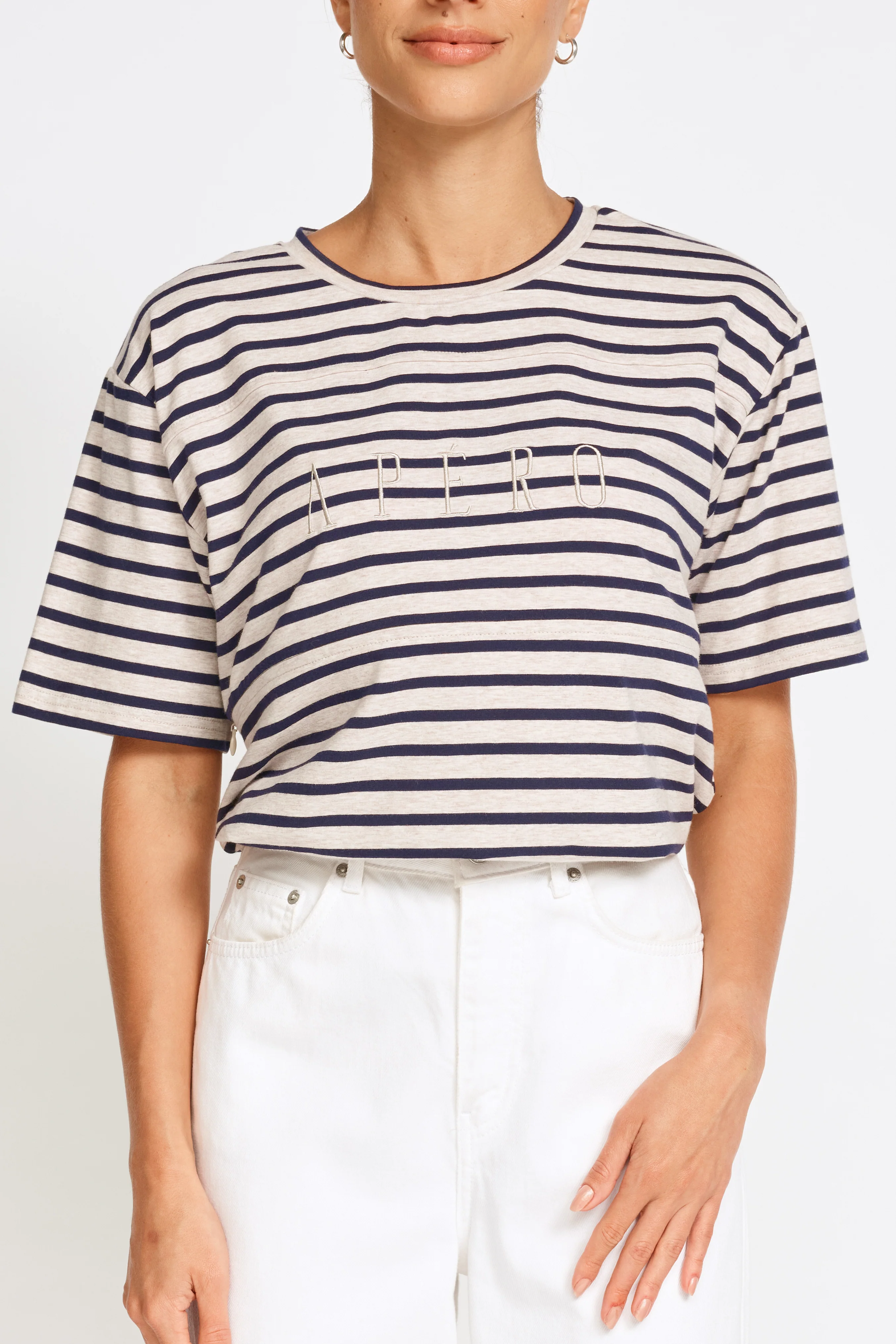 Riviera Stripe Panel Tee - Navy / Beige Marle - Image 3