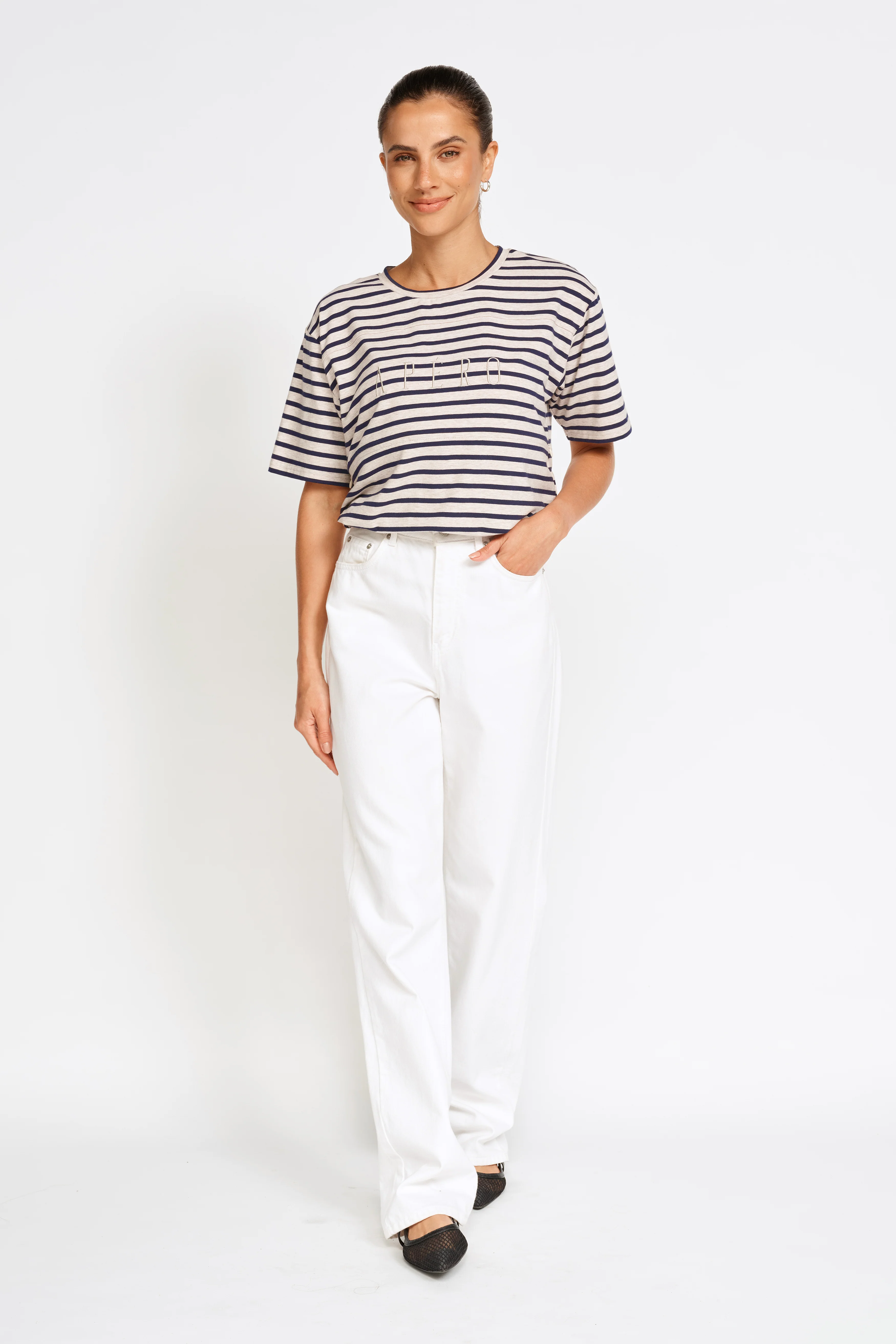 Riviera Stripe Panel Tee - Navy / Beige Marle - Image 6