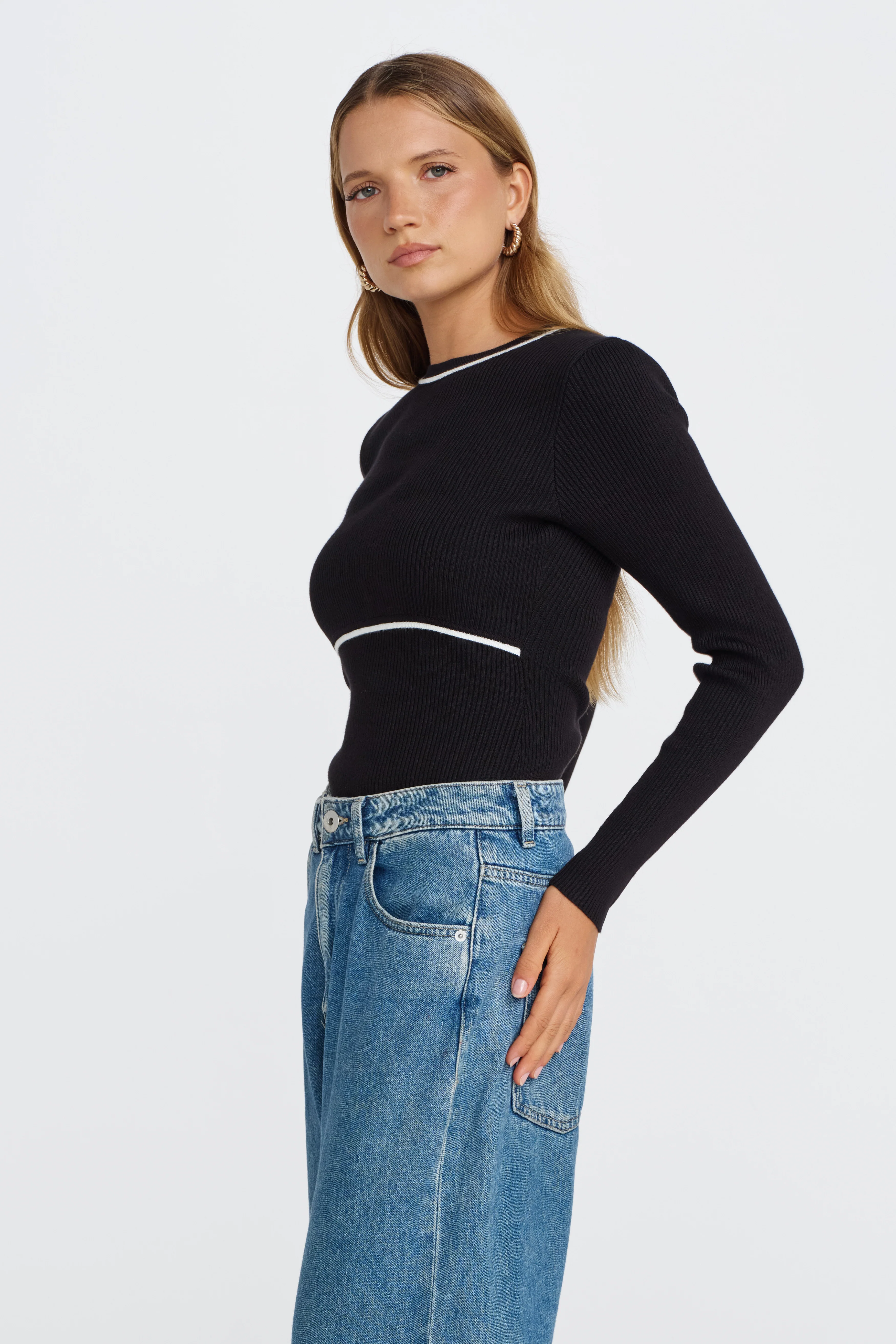 Rowe Long Sleeve Knit Top - Black / White - Image 6