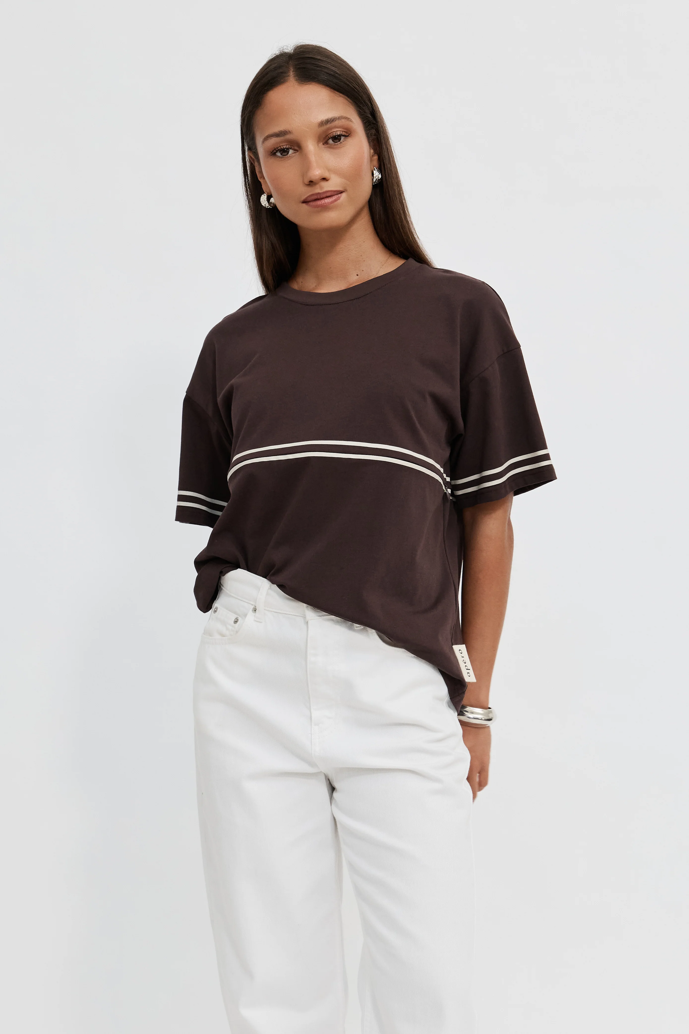 Saxon Stripe Detail Panel Tee - Chocolate - Image 3