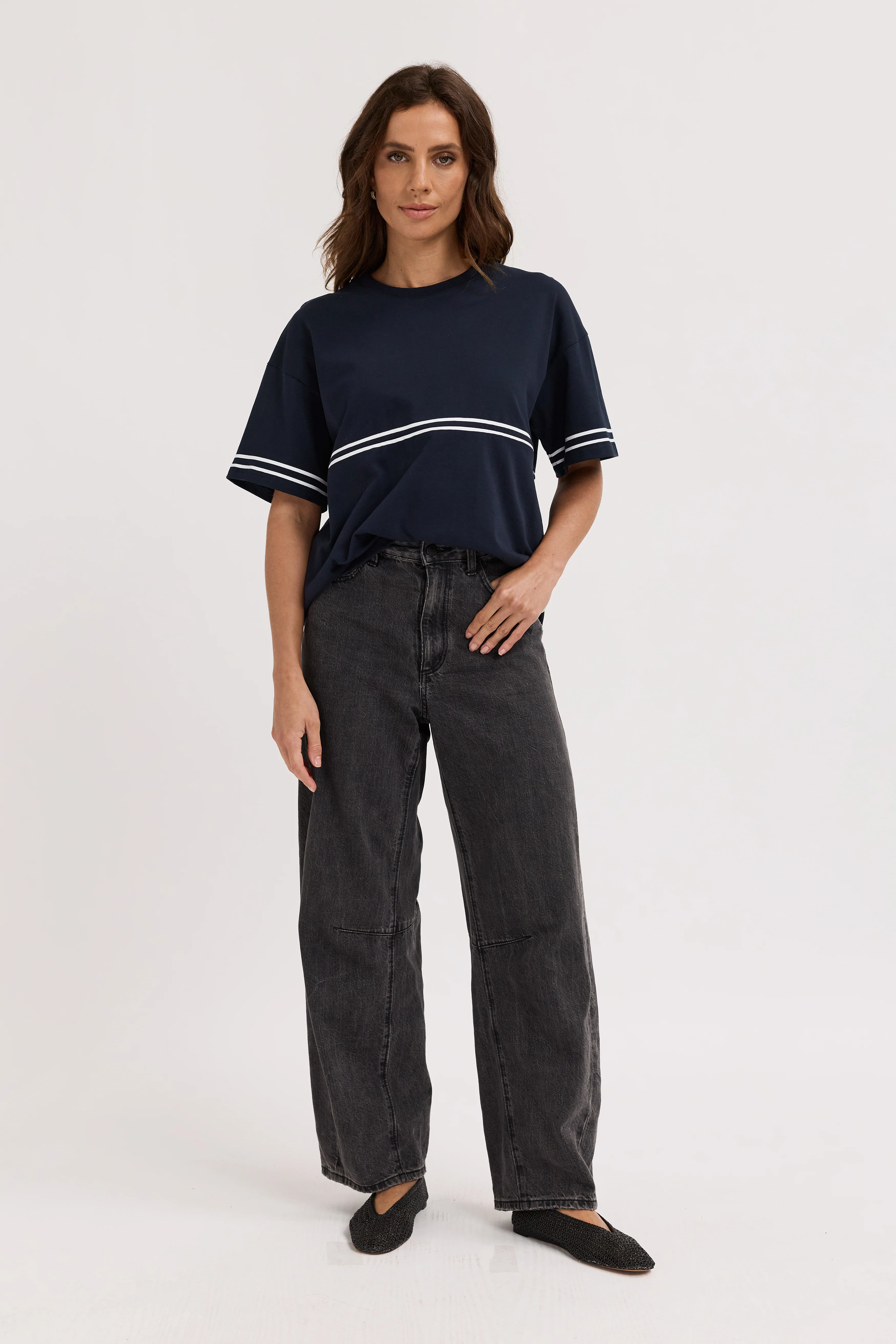 Saxon Stripe Detail Panel Tee - Navy / White