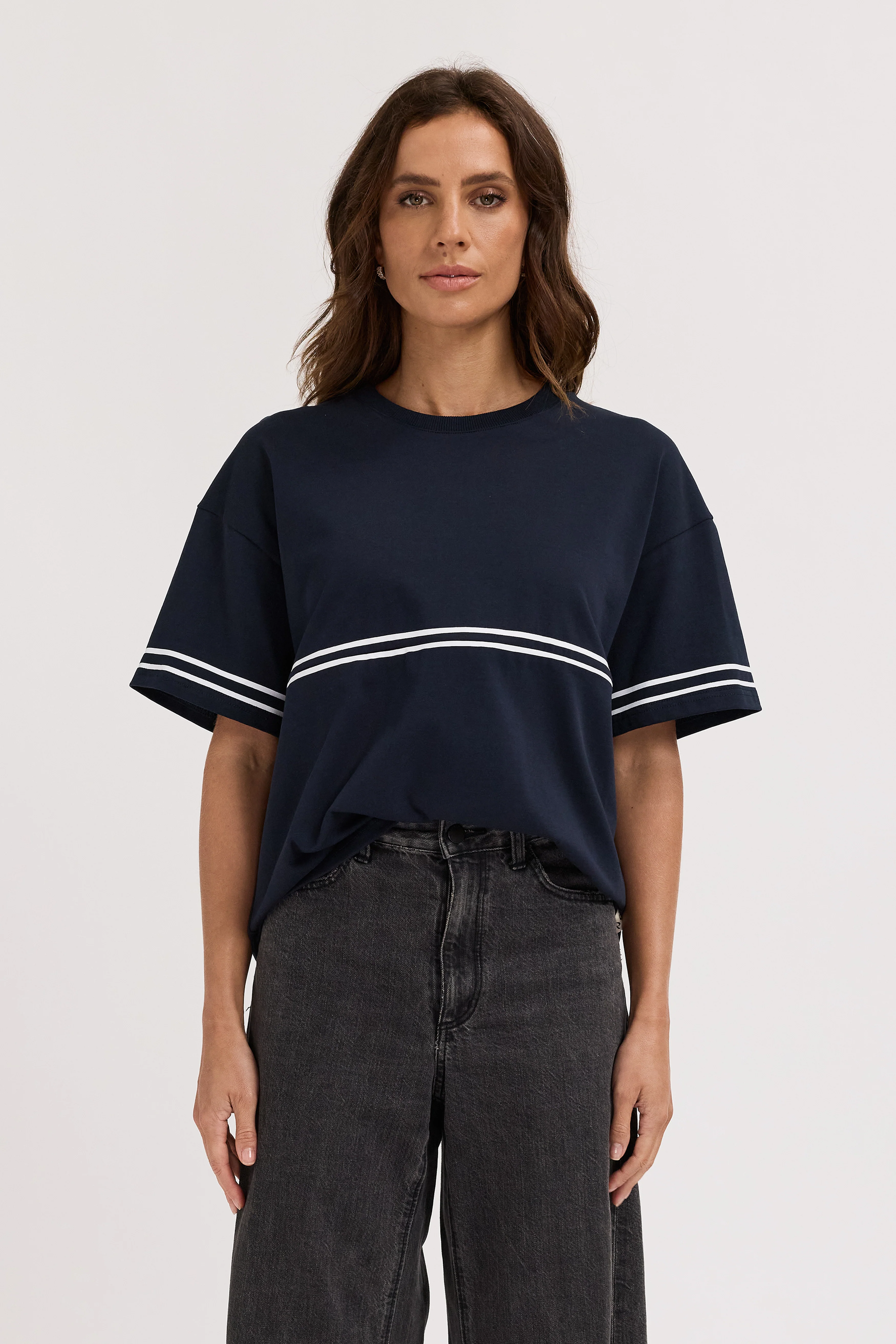 Saxon Stripe Detail Panel Tee - Navy / White - Image 3