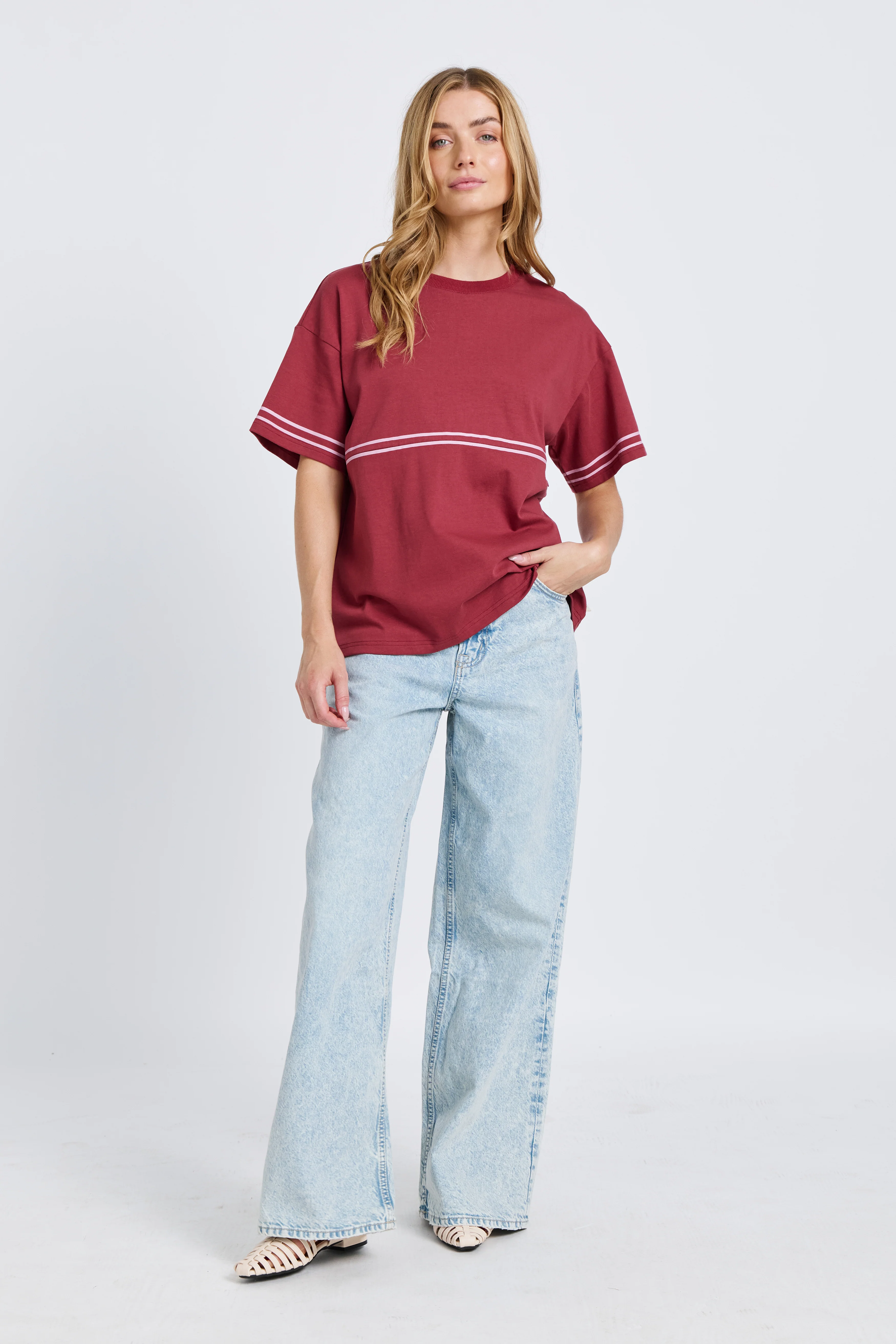 Saxon Stripe Detail Panel Tee - Red / Pink