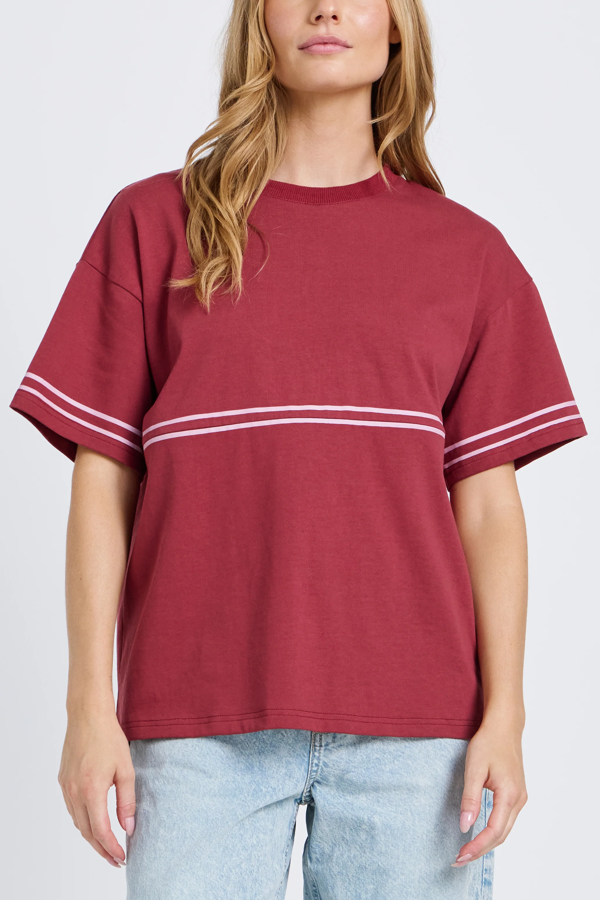 Saxon Stripe Detail Panel Tee - Red / Pink - Image 3
