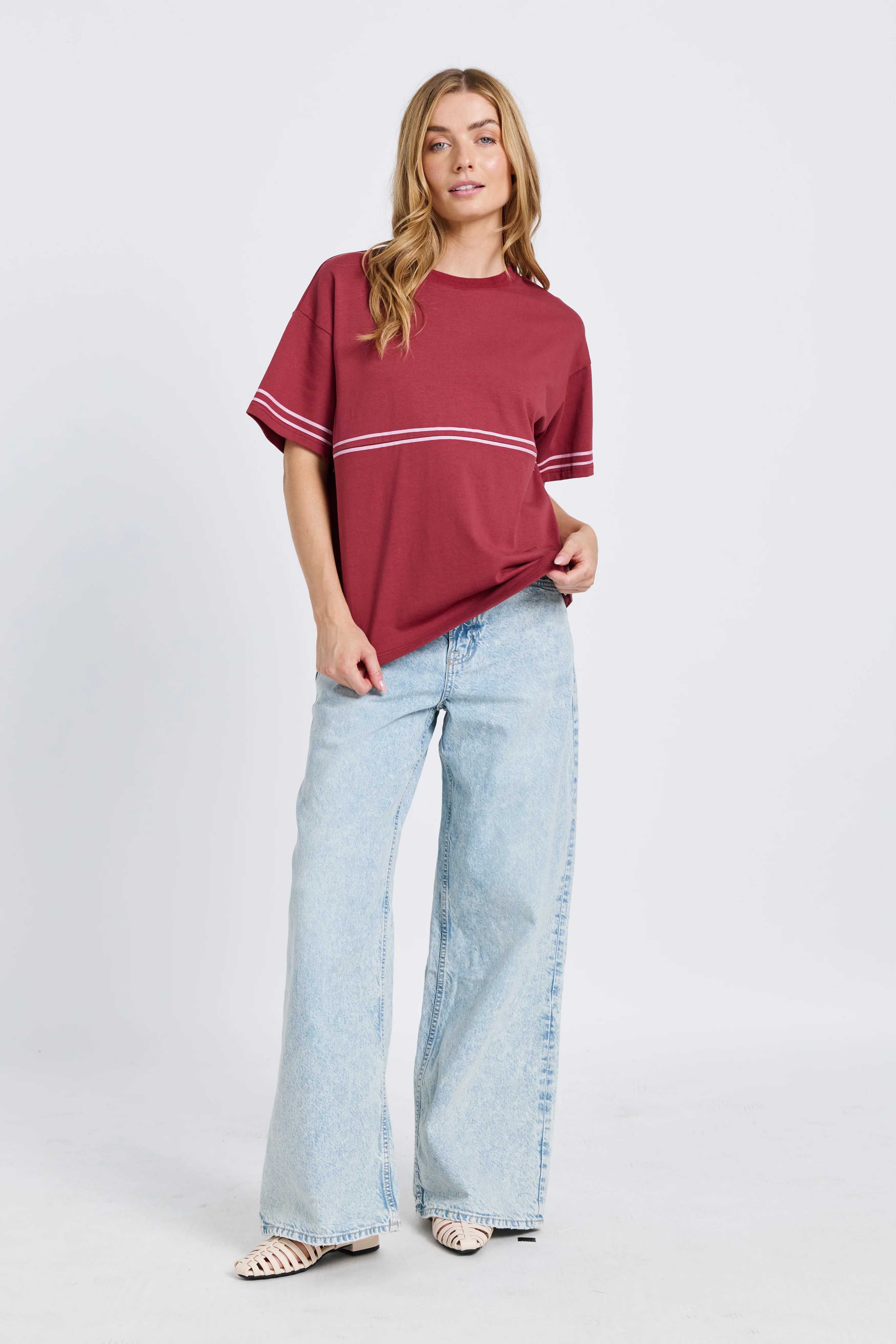 Saxon Stripe Detail Panel Tee - Red / Pink - Image 4