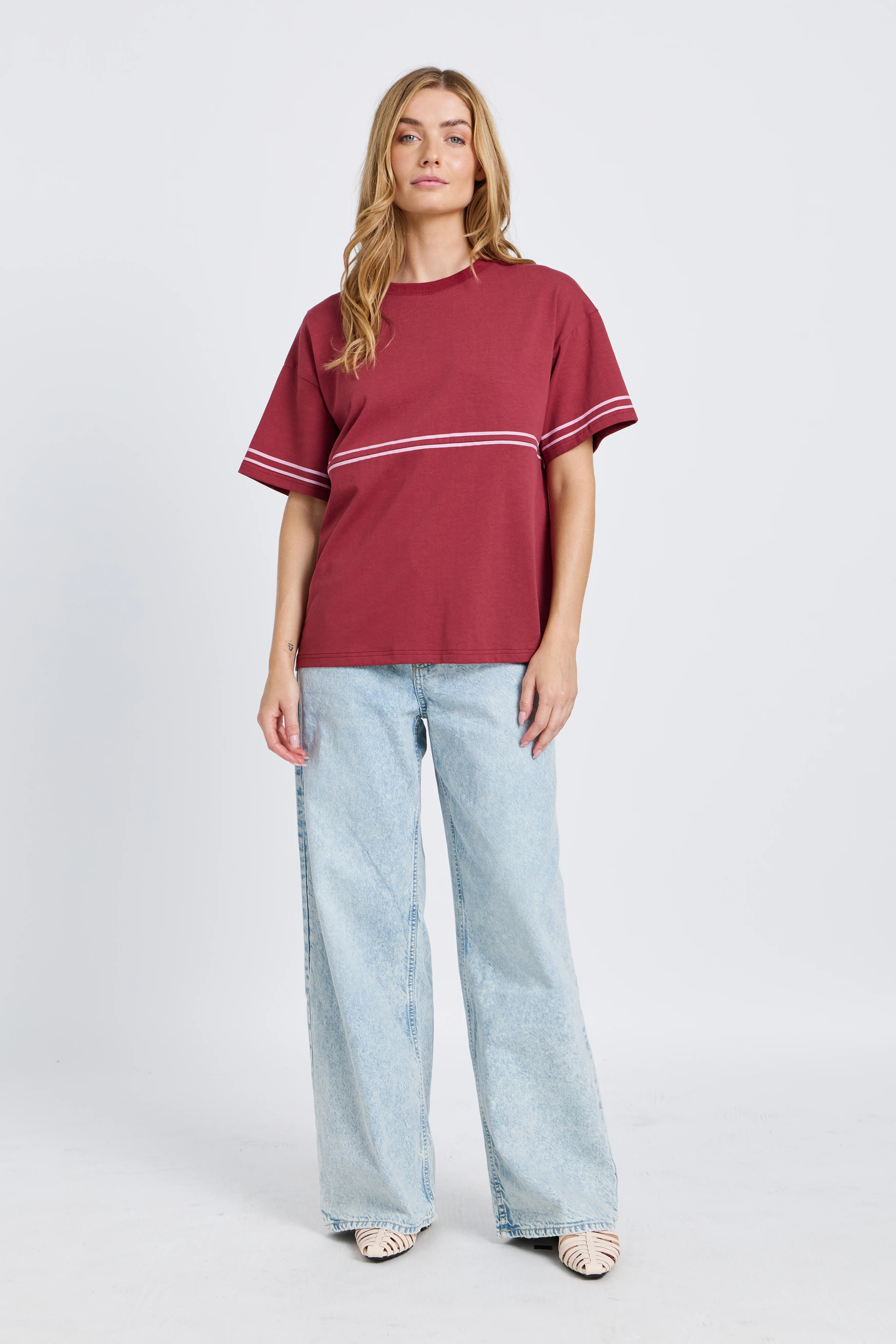 Saxon Stripe Detail Panel Tee - Red / Pink - Image 5