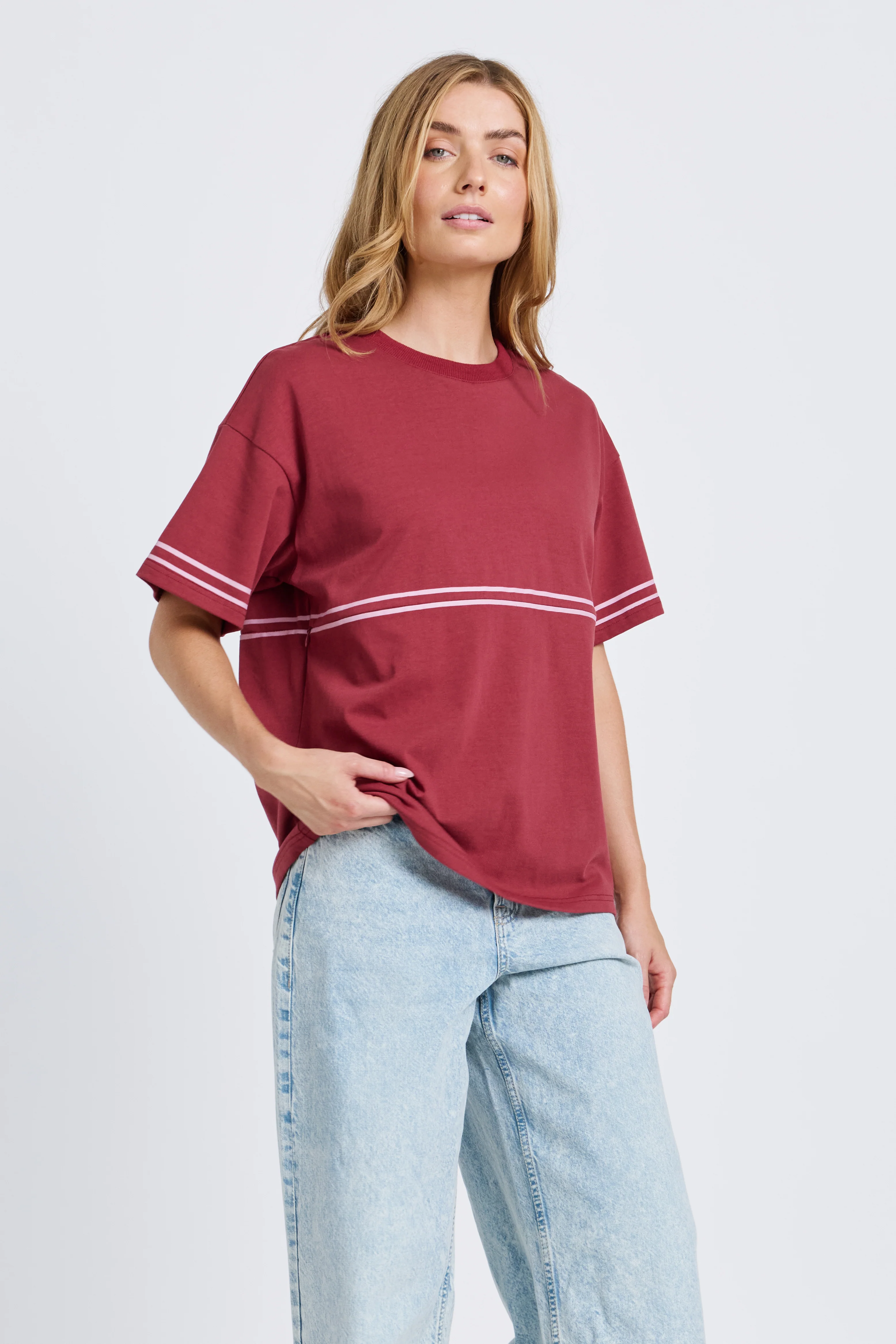 Saxon Stripe Detail Panel Tee - Red / Pink - Image 6