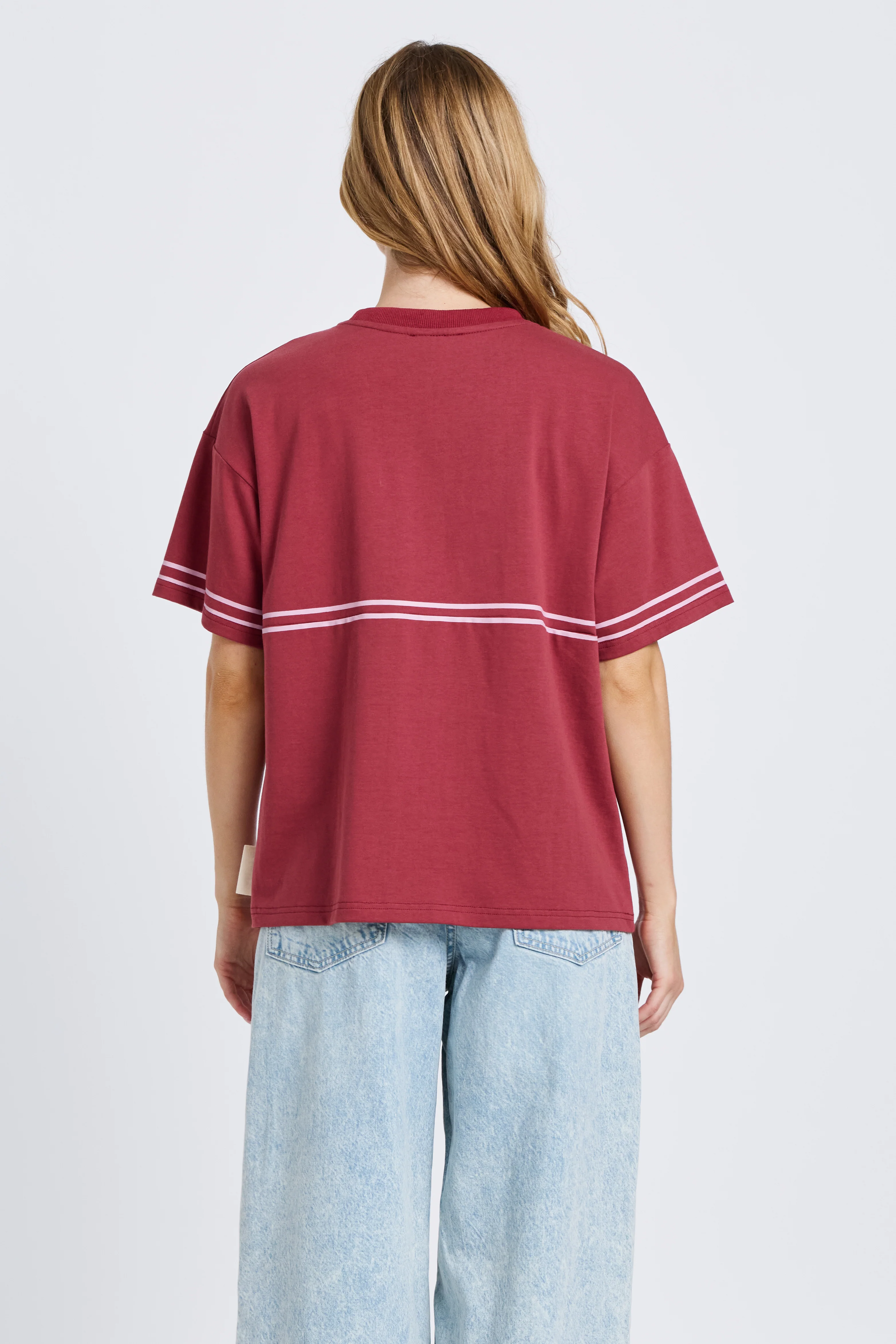 Saxon Stripe Detail Panel Tee - Red / Pink - Image 7