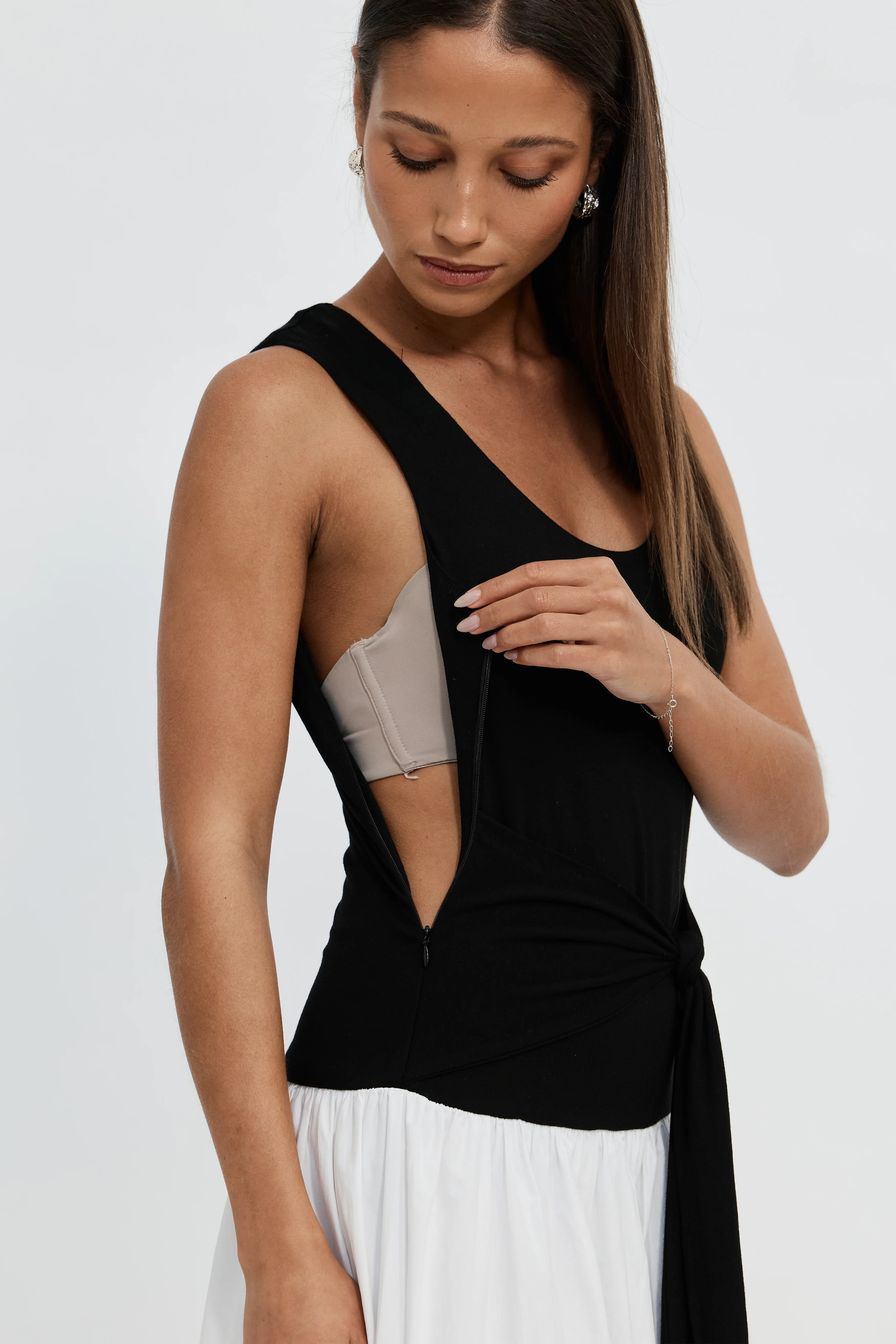 Shelbie Combination Drop-Waist Midi Dress - Black / White - Image 3