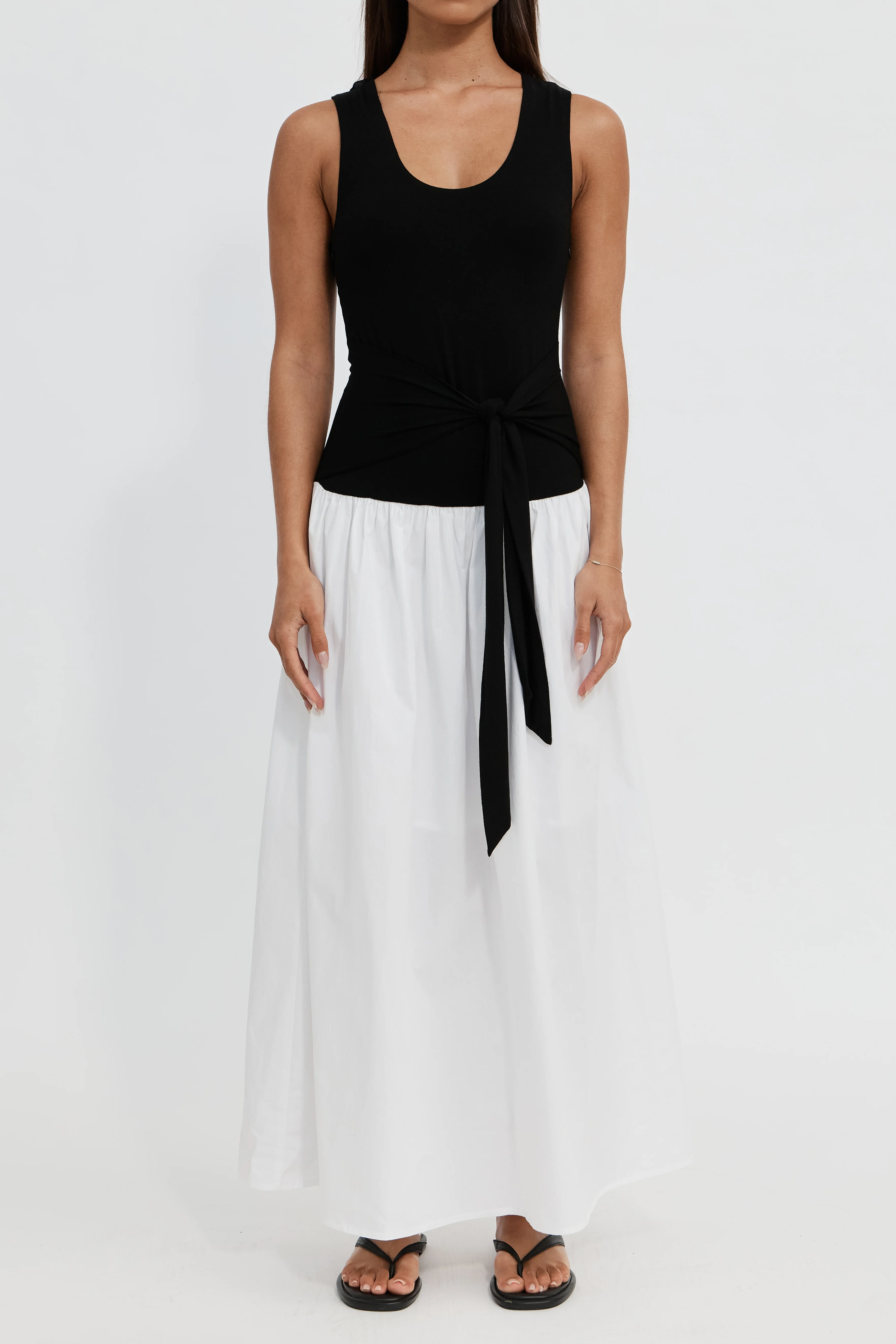 Shelbie Combination Drop-Waist Midi Dress - Black / White - Image 4