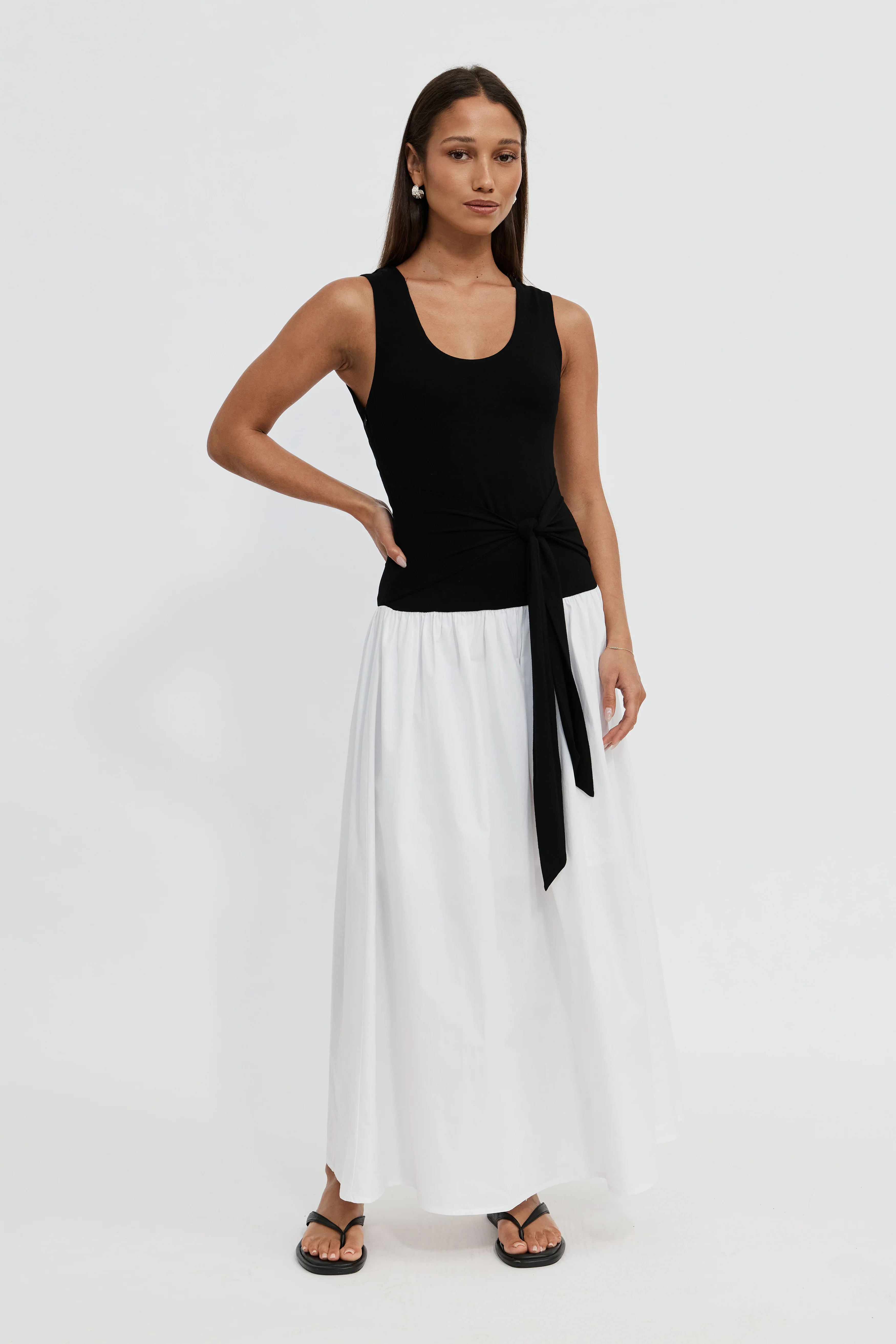 Shelbie Combination Drop-Waist Midi Dress - Black / White - Image 5