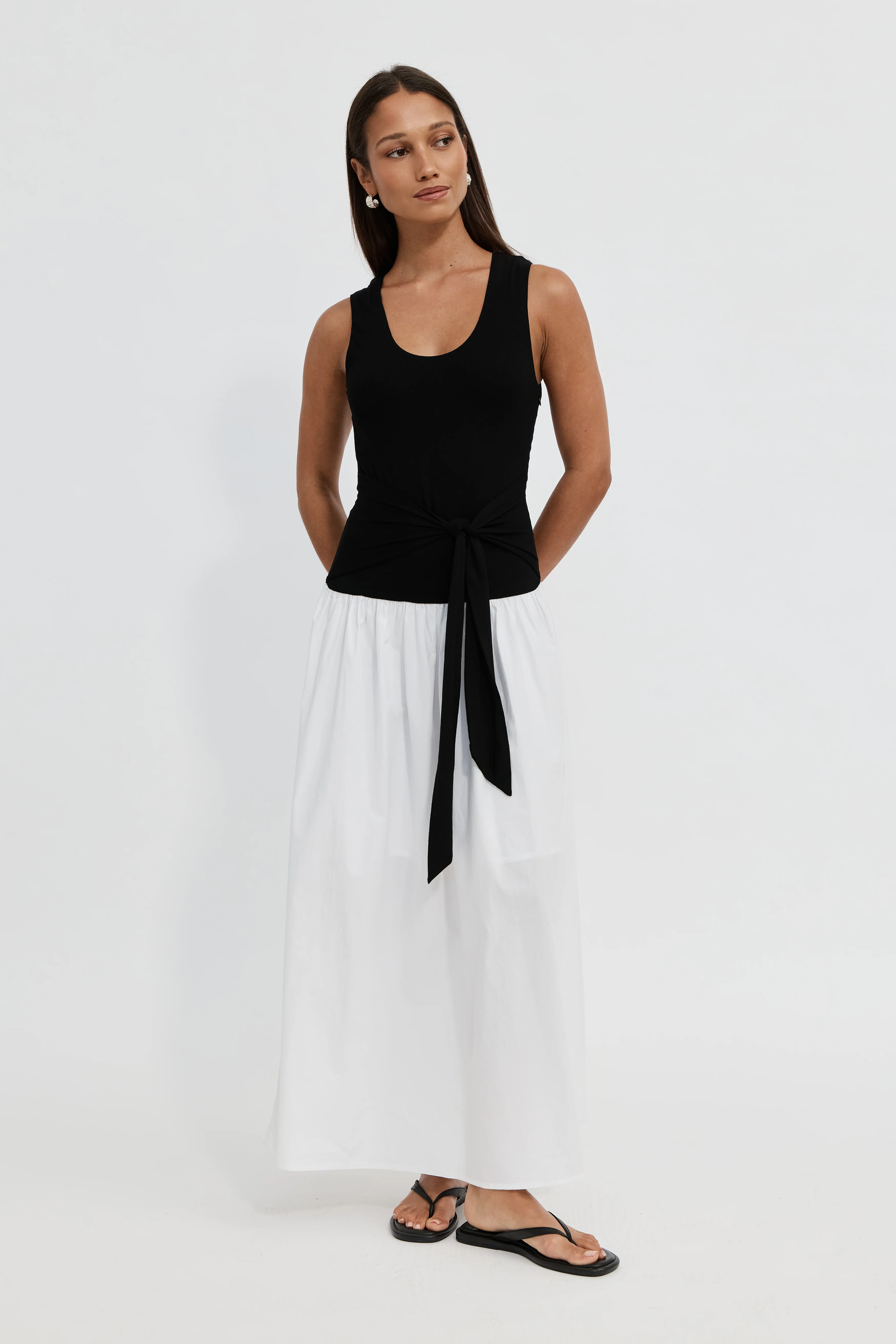 Shelbie Combination Drop-Waist Midi Dress - Black / White - Image 7