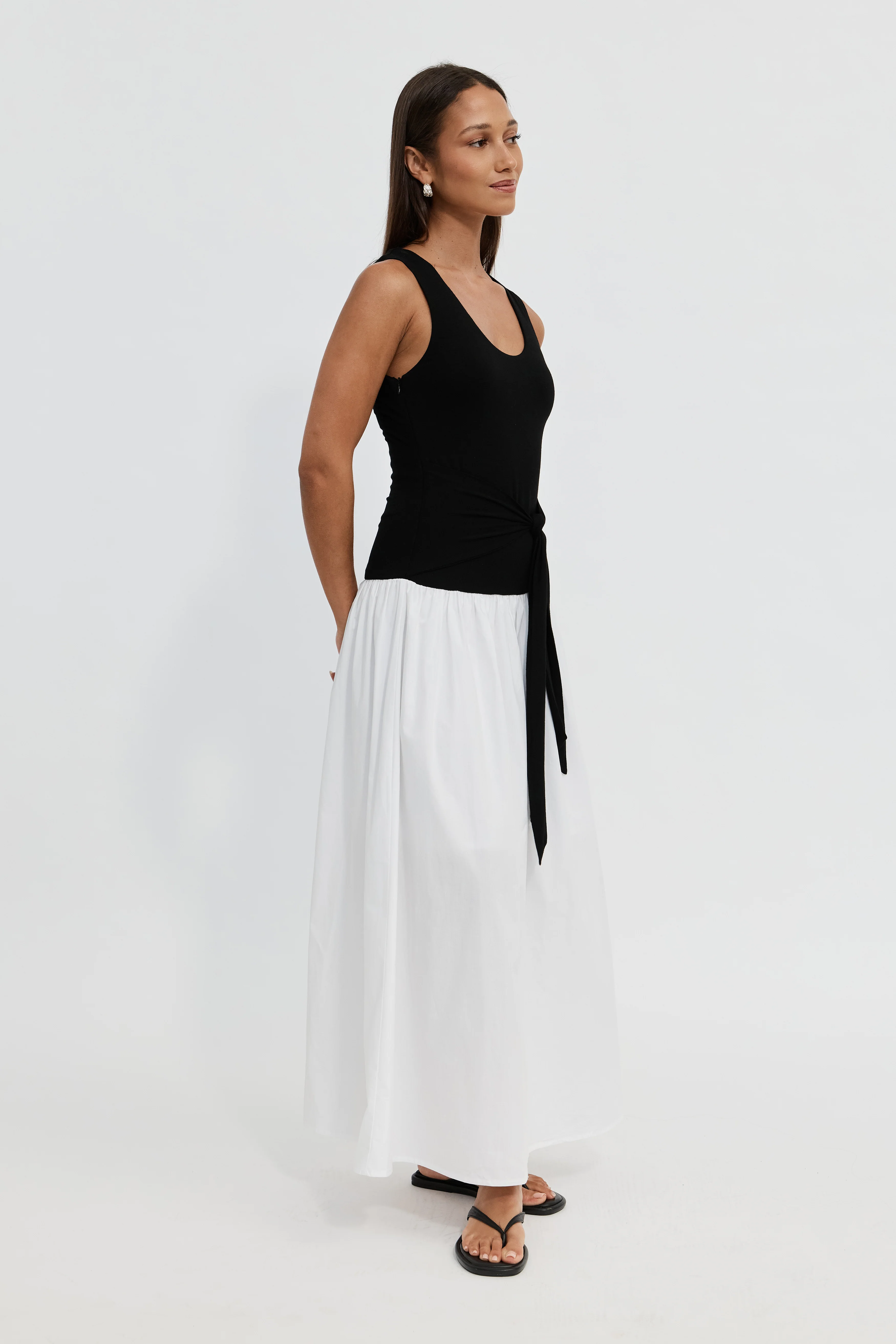 Shelbie Combination Drop-Waist Midi Dress - Black / White - Image 8