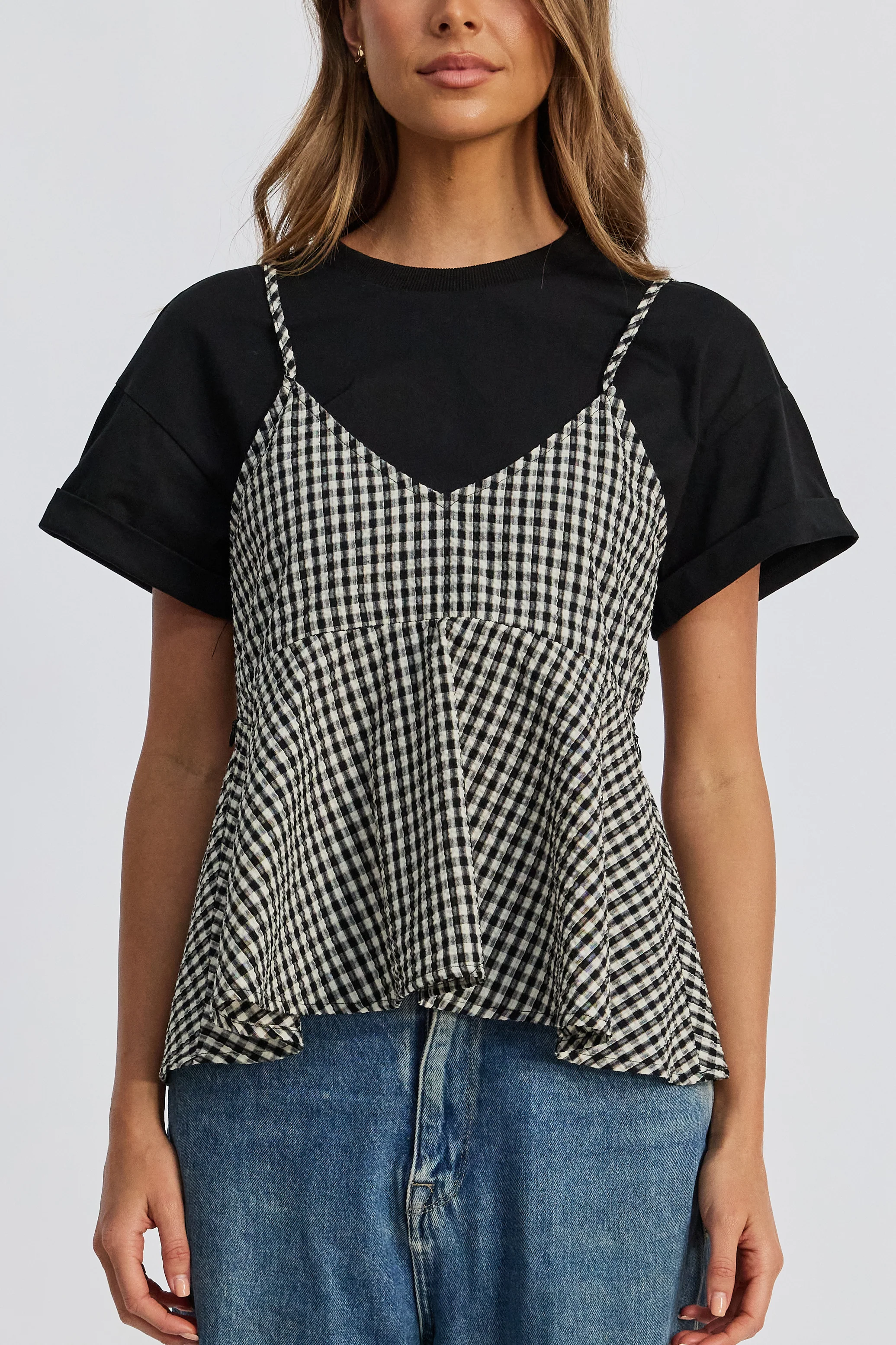 Simone Layered Babydoll Top - Black / White - Image 4