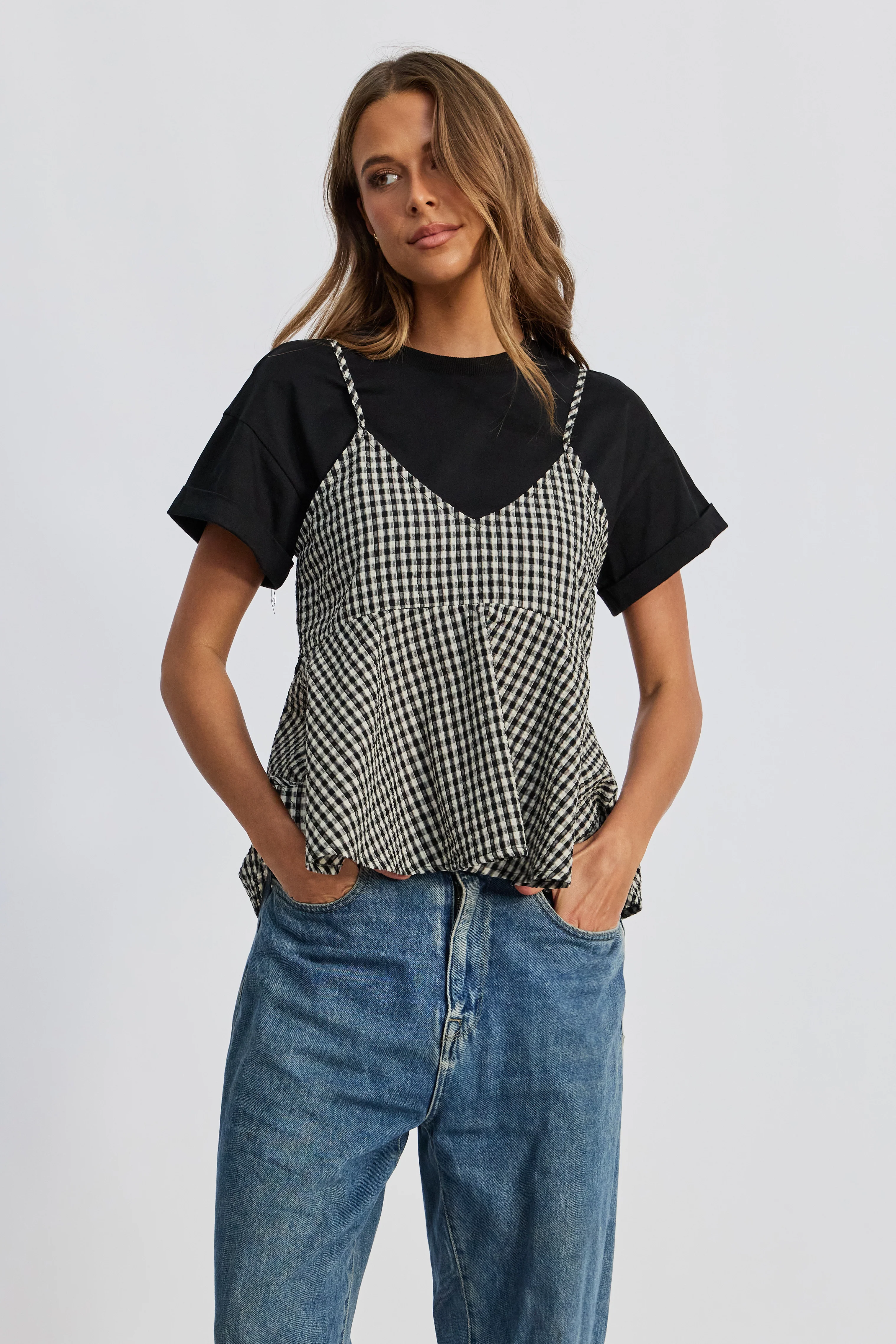 Simone Layered Babydoll Top - Black / White - Image 5