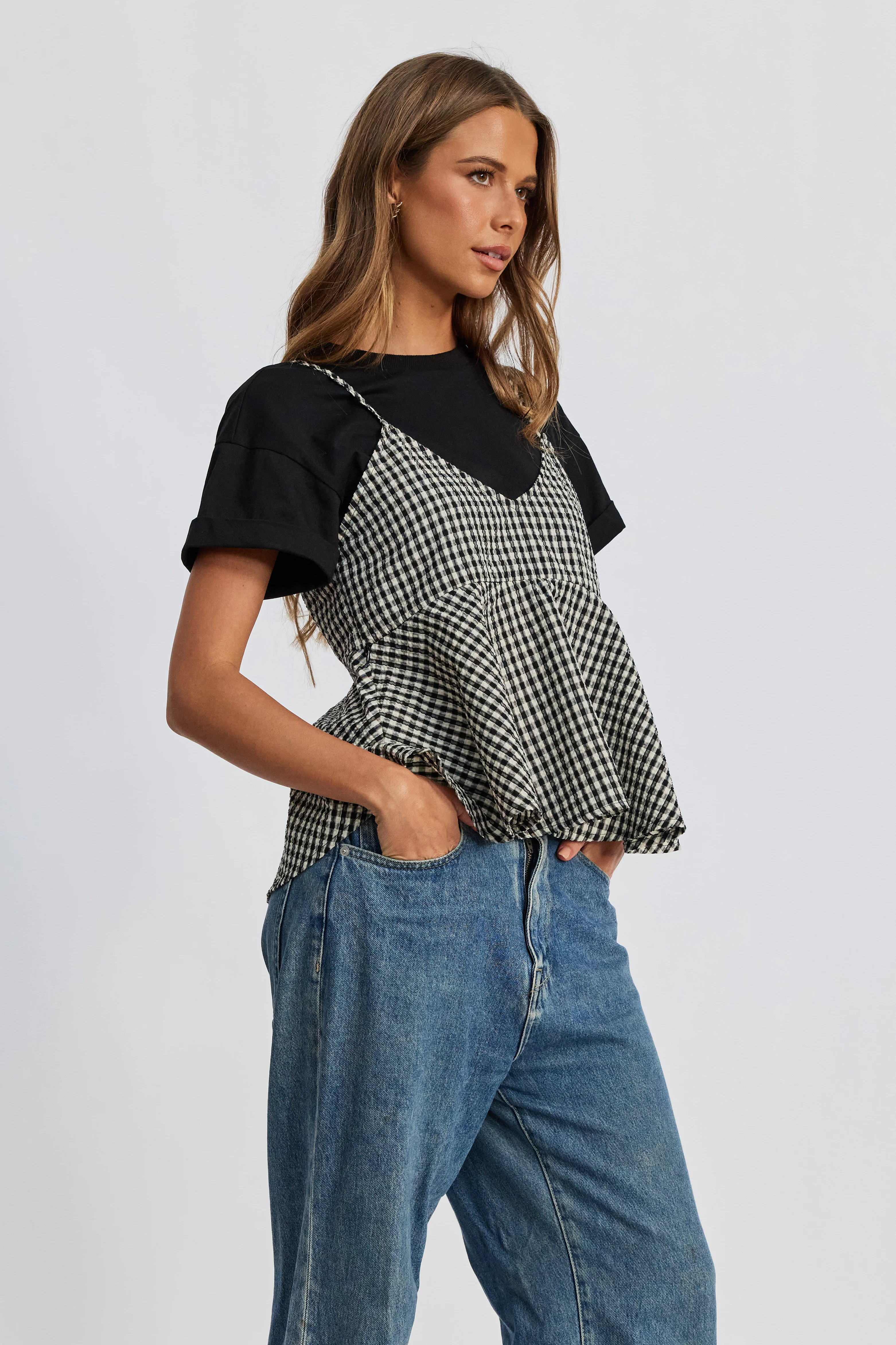 Simone Layered Babydoll Top - Black / White - Image 6