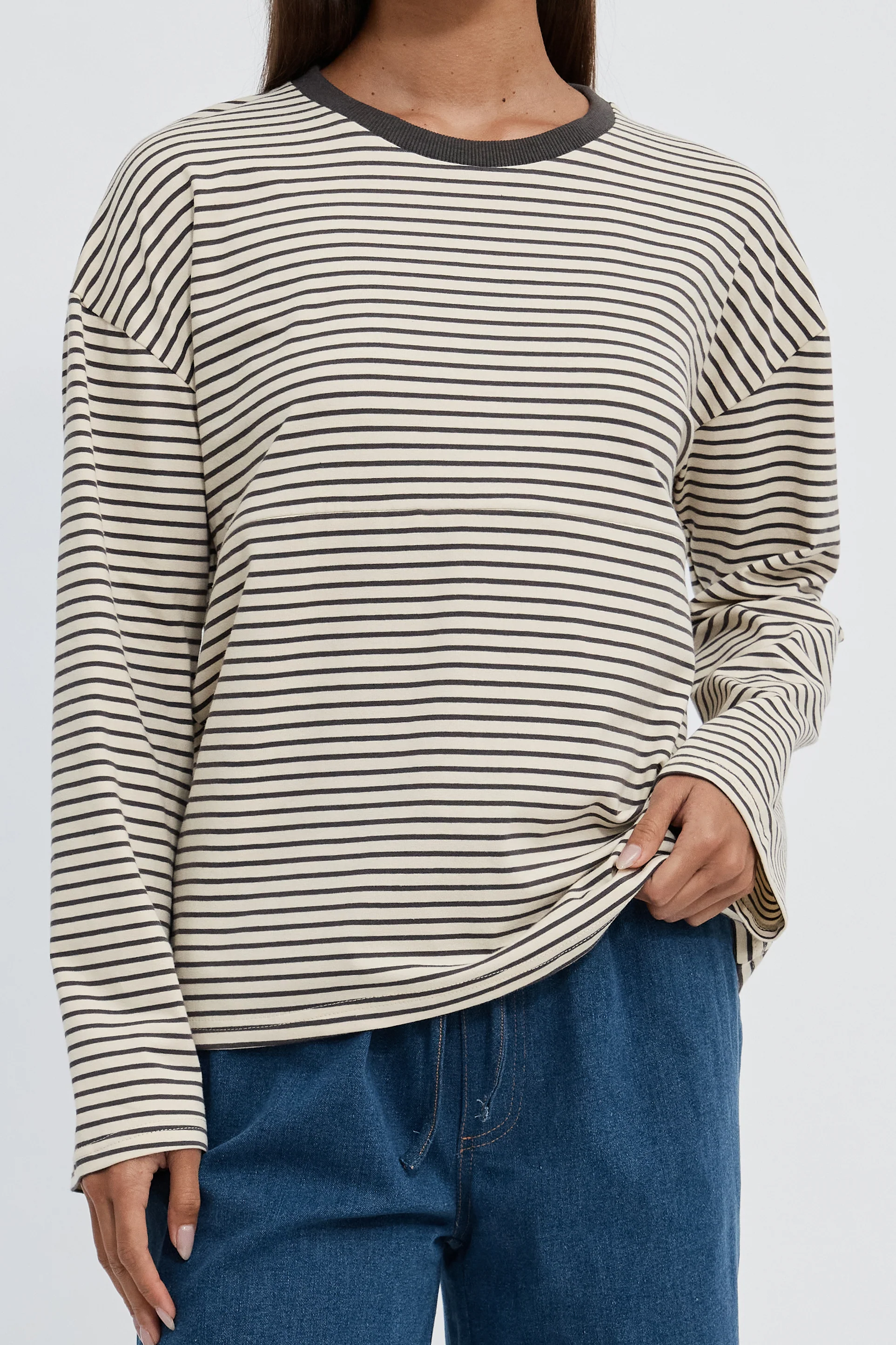 Sita Stripe Long Sleeve Top - Cream / Chocolate - Image 3